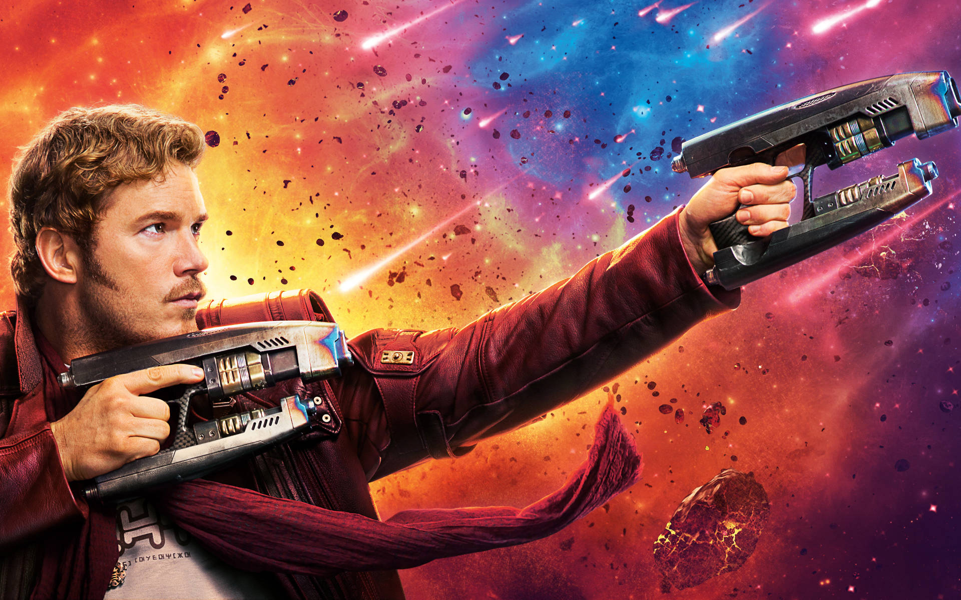 Chris Pratt 桌布 壁紙 — 星爵在旋轉星雲和流星組成的鮮豔宇宙背景下瞄準雙槍。