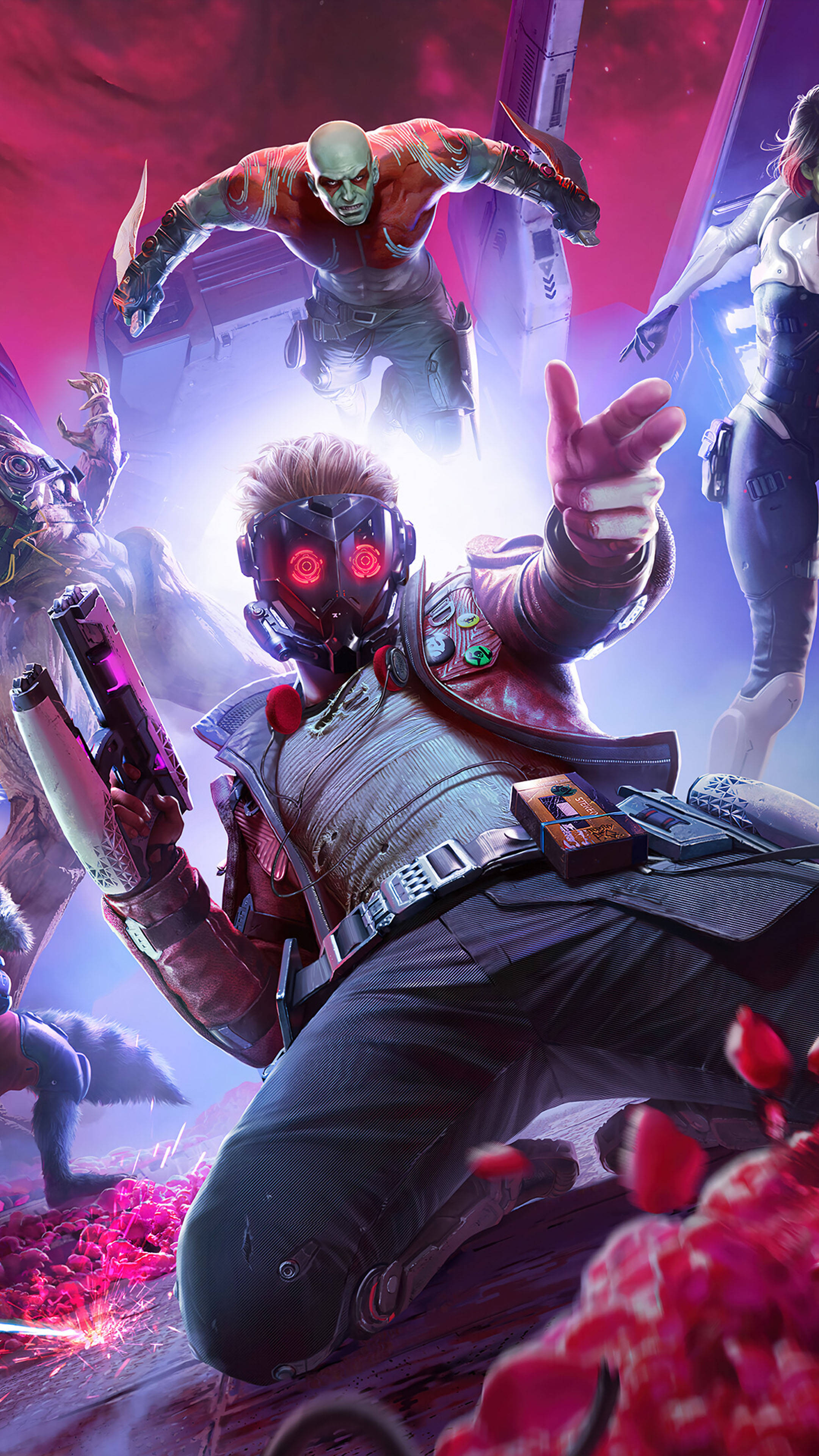 4K Guardians Of The Galaxy 桌布 壁紙 — 星爵在銀河守護者的包圍下，在充滿活力的宇宙戰鬥場景中瞄準他的槍。