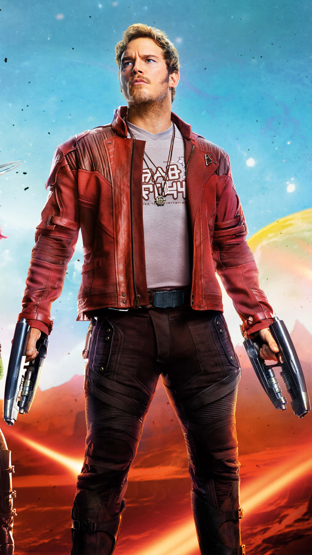 Guardians Of The Galaxy 2 桌布 壁紙 — 星爵自信地站在紅色外套中，手持兩把槍，背景是宇宙，有發光的行星和星星。
