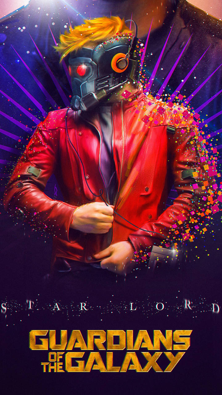 Star Lord 桌布 壁紙 — 星爵身穿紅色外套和頭盔，站在宇宙紫色光線中，彩色像素粒子從他的肩膀爆發出來。