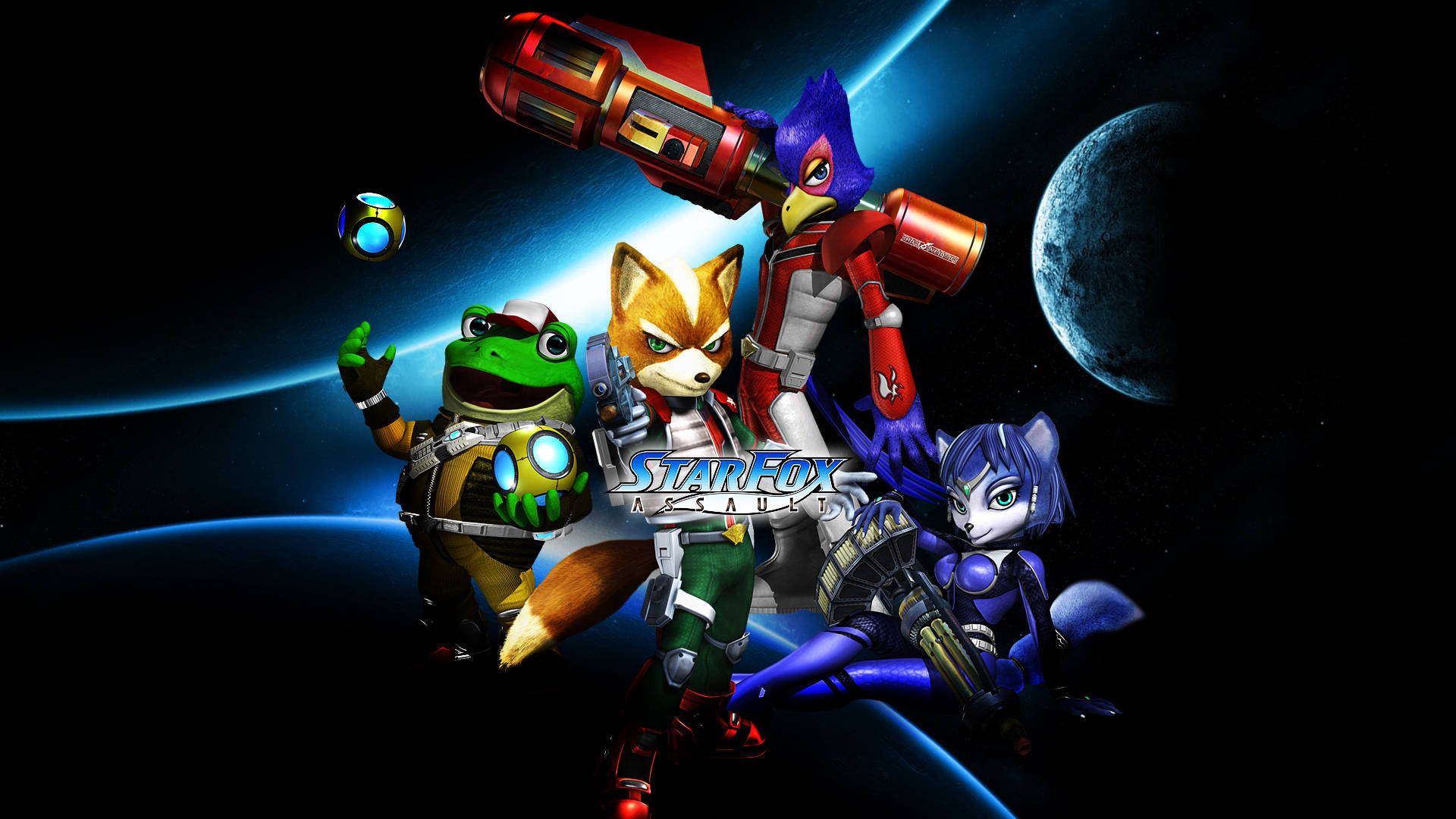 Star Fox 桌布 壁紙 — 星狐團隊身穿太空服，在行星和星空的宇宙背景下英勇地擺姿勢。