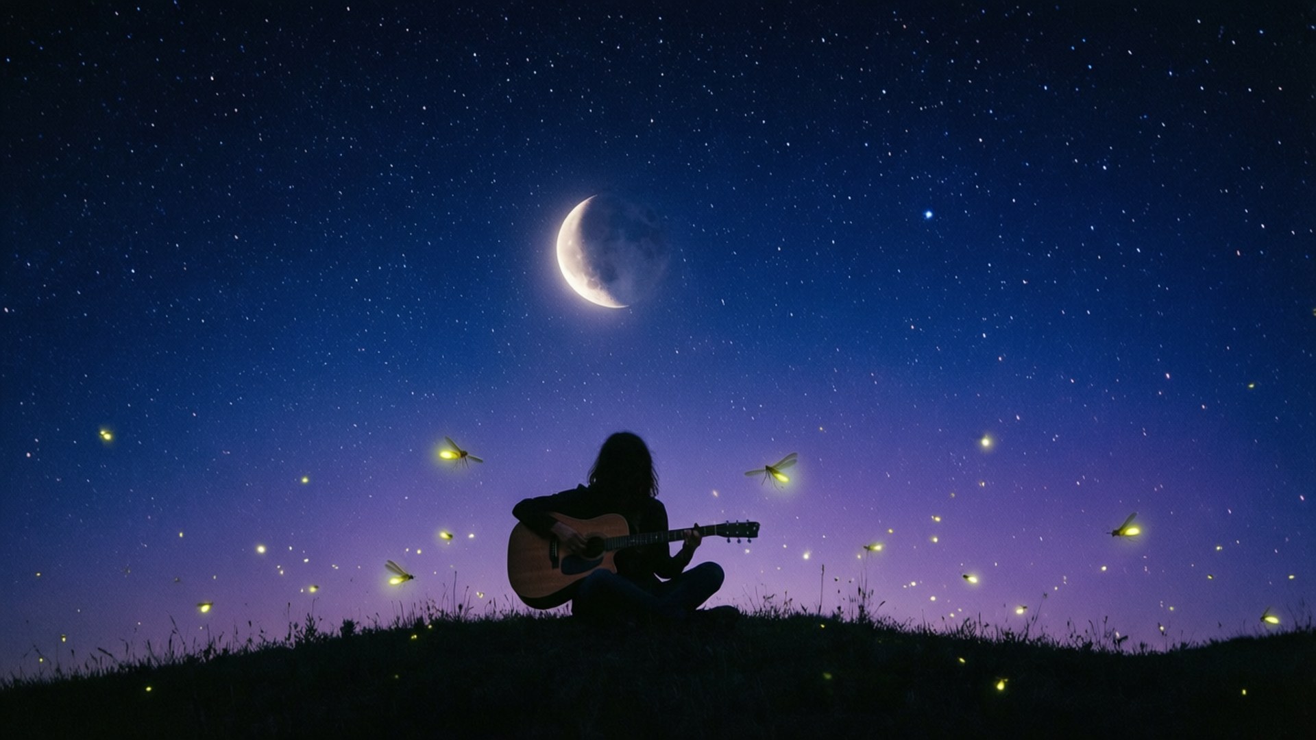 一個寧靜的Lofi夜晚場景，吉他手在星空下演奏。