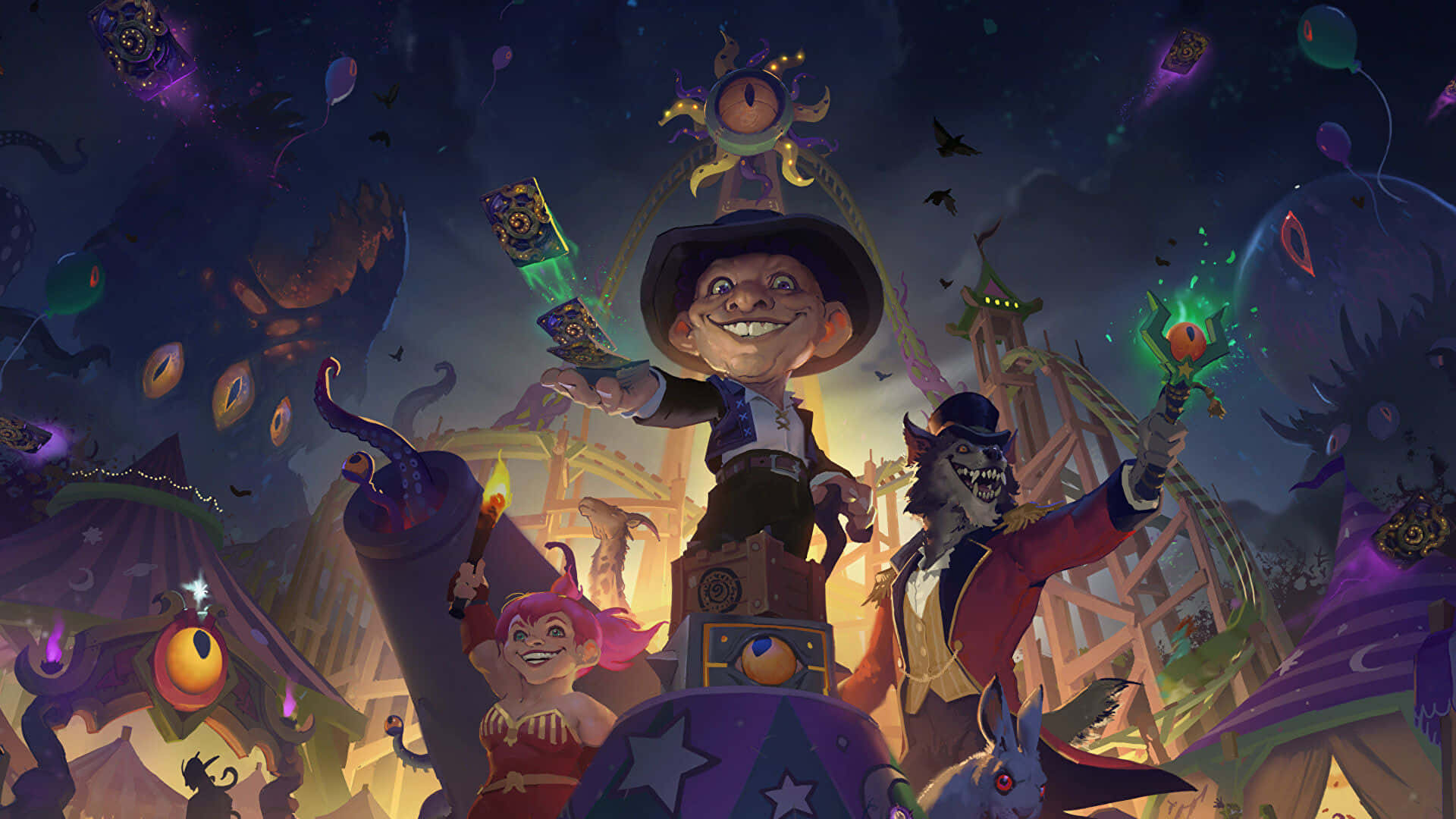 1920x1080 Hearthstone 桌布 壁紙 — 星空下，一個奇妙的夜晚嘉年華，有發光的氣球和奇幻生物。