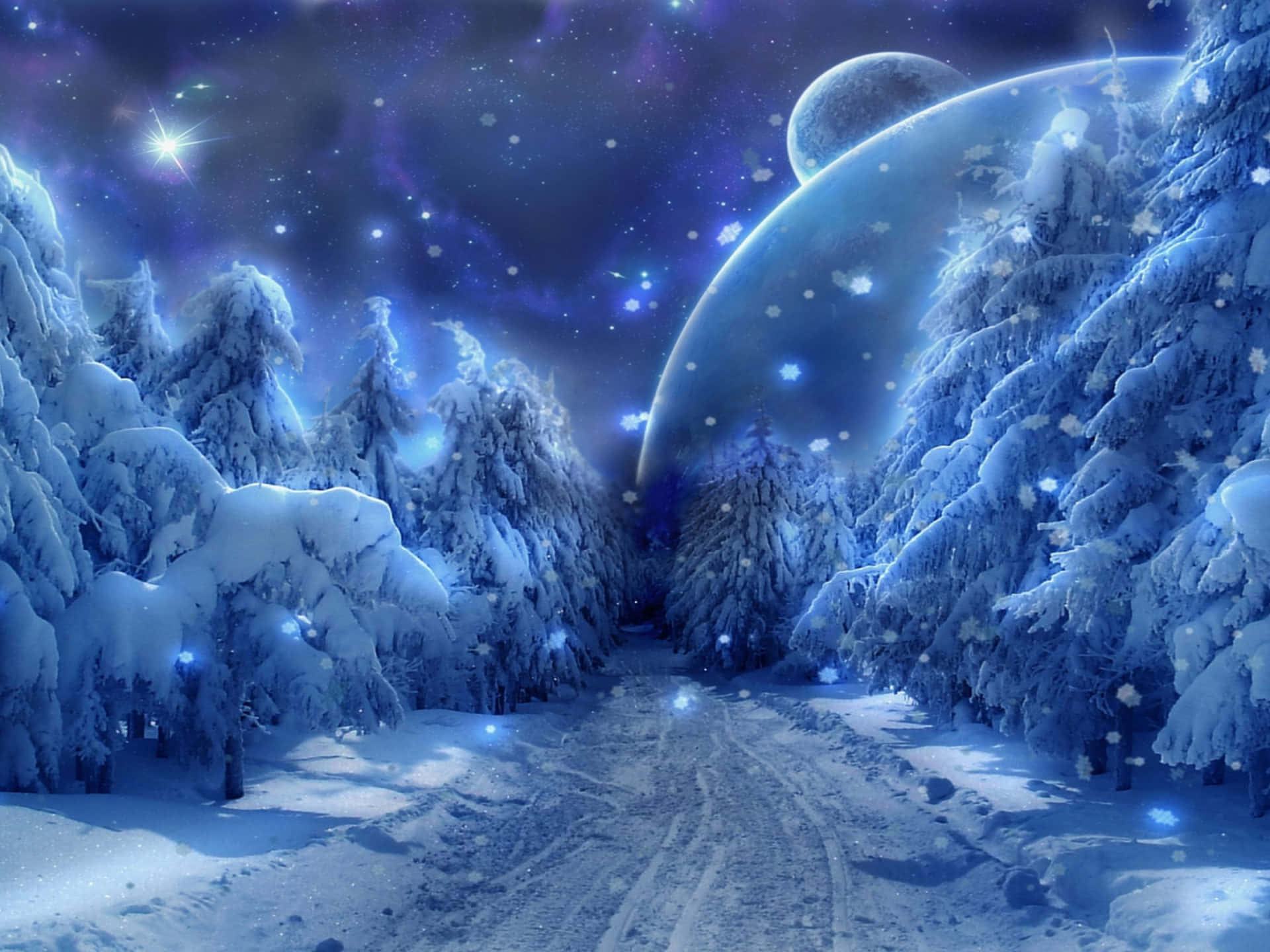 Star Sky 桌布 壁紙 — 星空下，一條積雪覆蓋的森林小徑，閃爍著藍色雪花，一顆巨大的行星懸掛在頭頂。