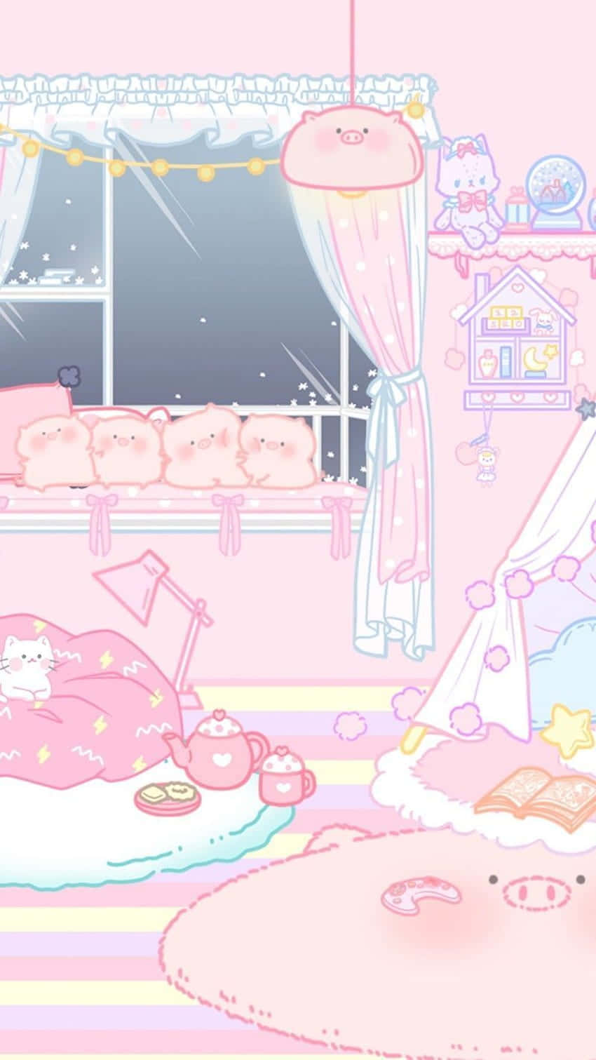 Pink Aesthetic Anime Phone 桌布 壁紙 — 星空下，一間粉彩粉紅色卡通房間，有豬角色、貓和奇思妙想的裝飾。