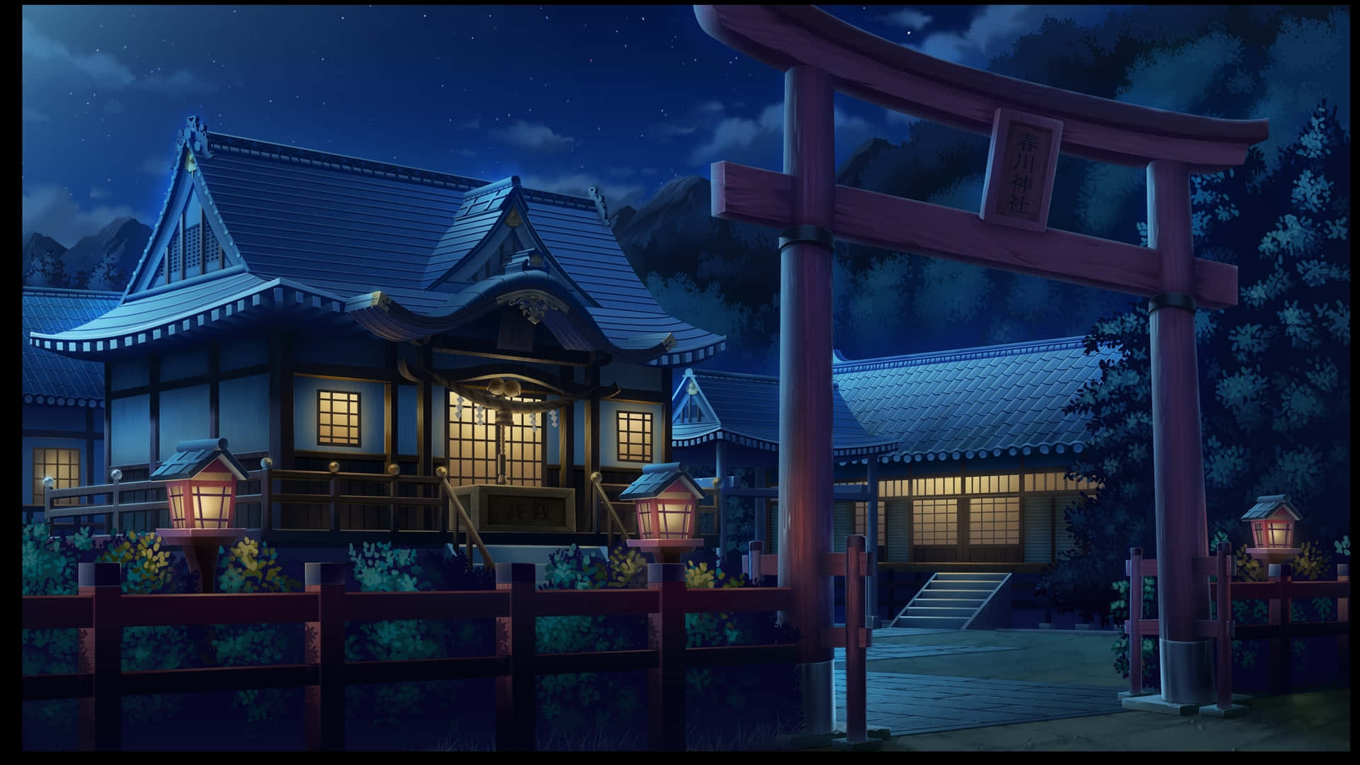 Japanese Culture 桌布 壁紙 — 星空下，燈籠閃爍、鳥居矗立的寧靜日本神社夜景。