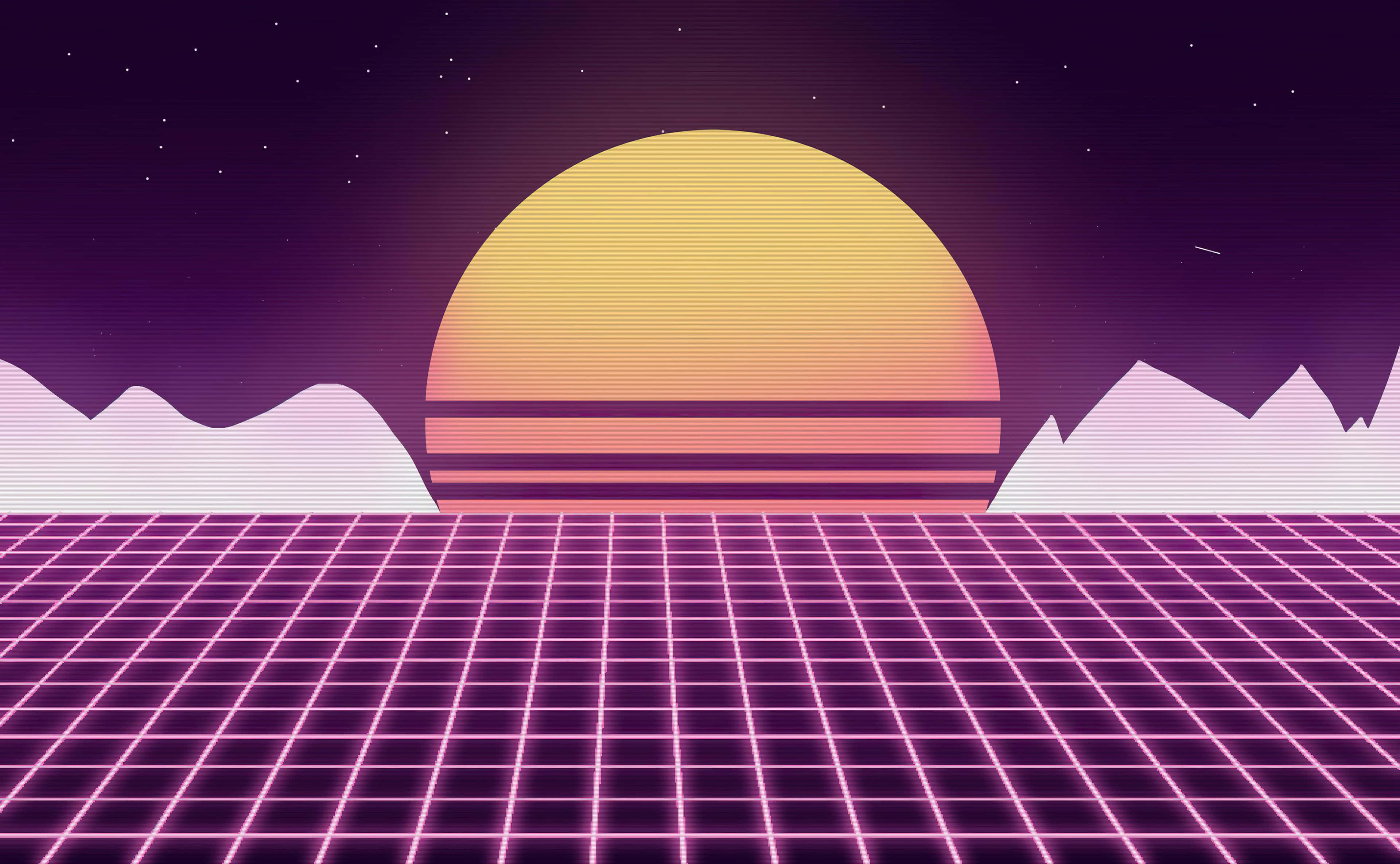 Retro 桌布 壁紙 — 星空下，發光紫色網格和白色山脈上方，一輪發光黃色太陽的復古未來主義日落。