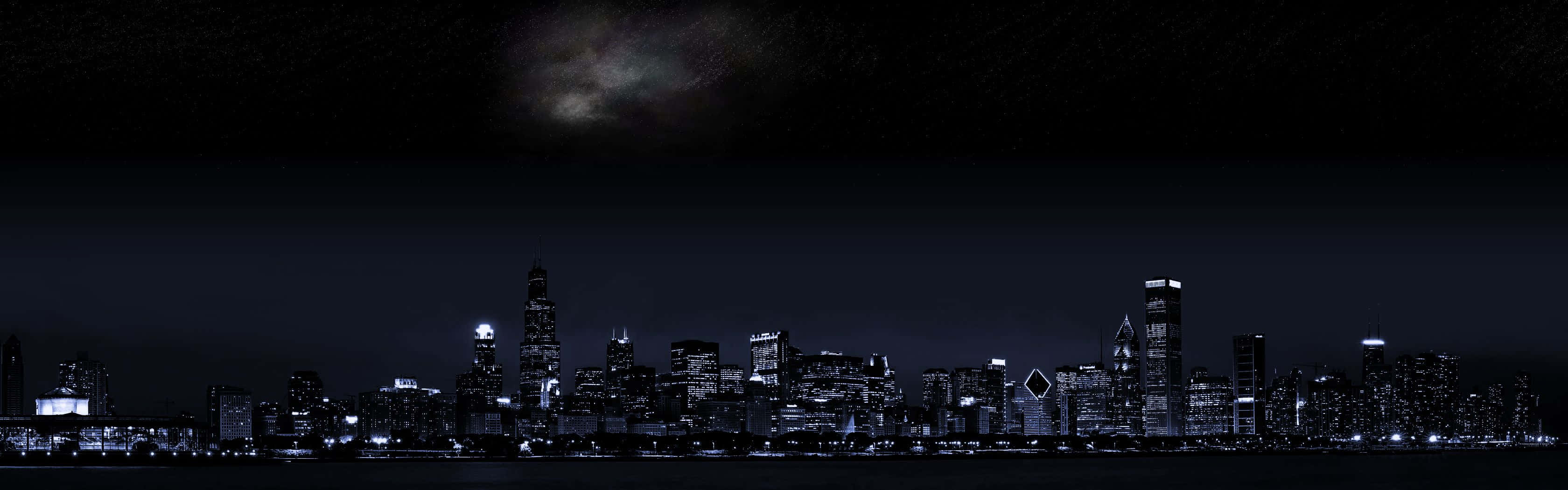 Best Monitor 桌布 壁紙 — 星空下，銀河拱橋般的城市天際線全景夜景。