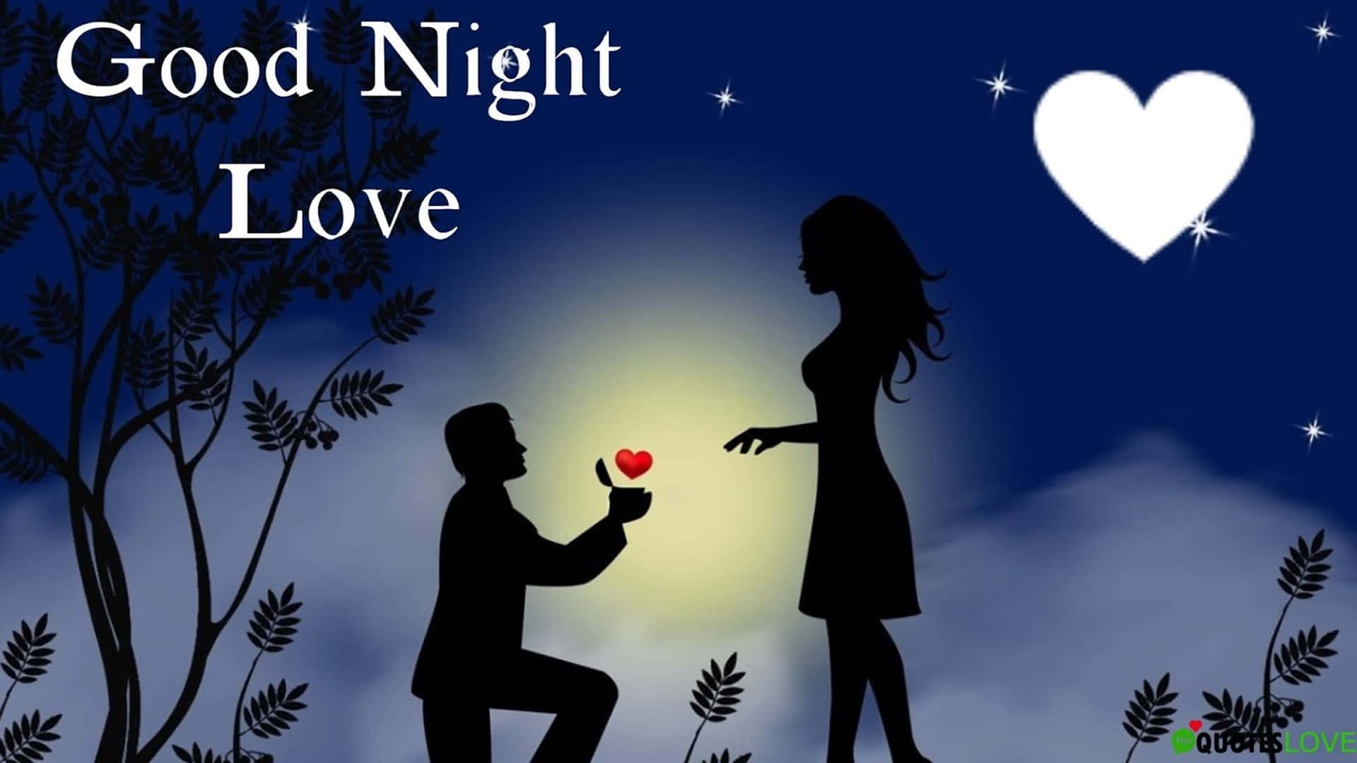 good night animated 桌布 壁紙 — 星空下剪影情侶，男子單膝跪地以發光心形戒指求婚，女子在發光心形旁伸手。