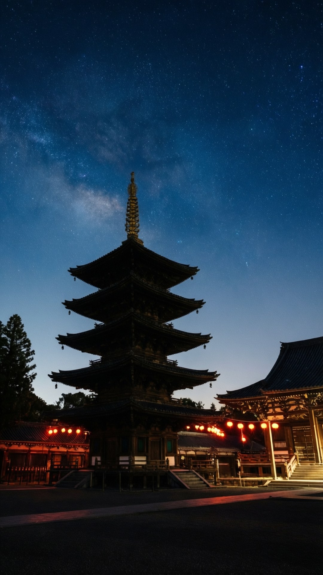 東寺的佛塔在夜空下與滿天星斗相伴