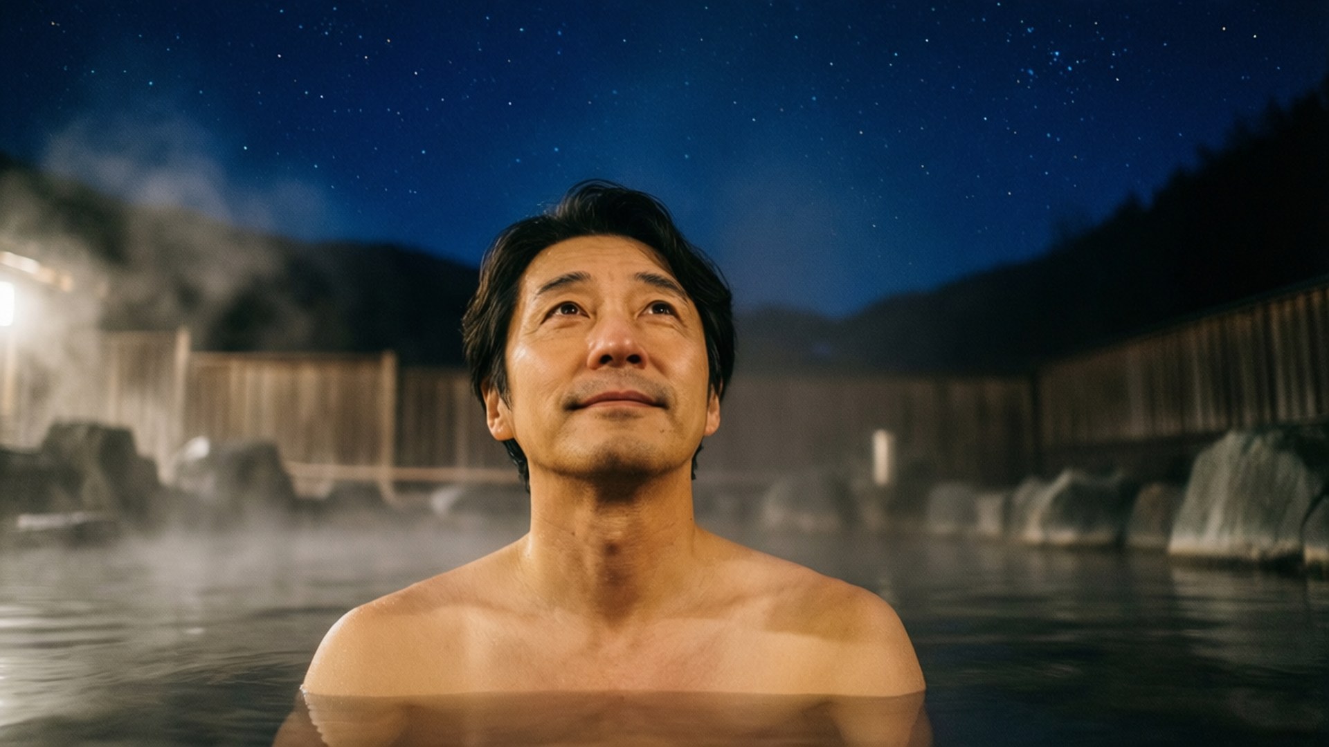星空下的溫泉 壁紙 — 一名男子在星空下的戶外溫泉中放鬆，周圍霧氣升騰。