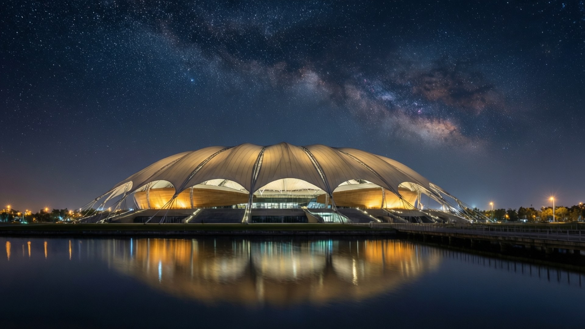 星空下的阿貝特球場 壁紙 — 一座宏偉的照明圓頂建築在平靜的水面上倒映，上方是繁星點點的夜空，銀河拱跨天際。