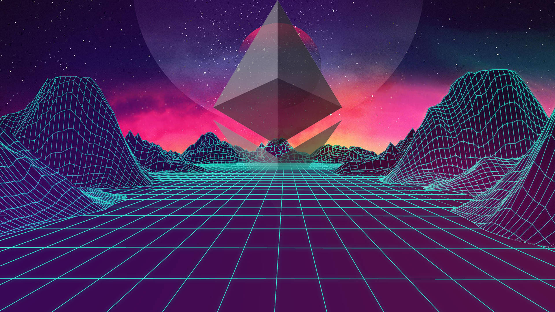 Cryptocurrency 桌布 壁紙 — 星空下的霓虹網格景觀，帶有發光的幾何金字塔和粉紫色山脈。