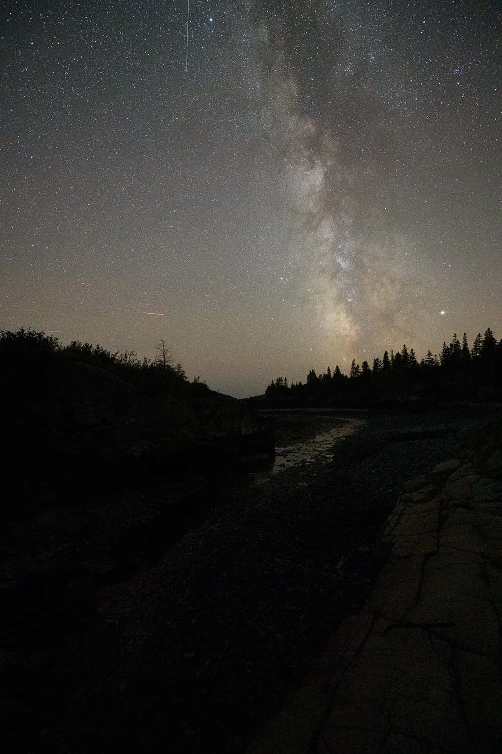 夜空 桌布 壁紙 — 星空之夜，銀河拱跨黑暗森林和石徑。