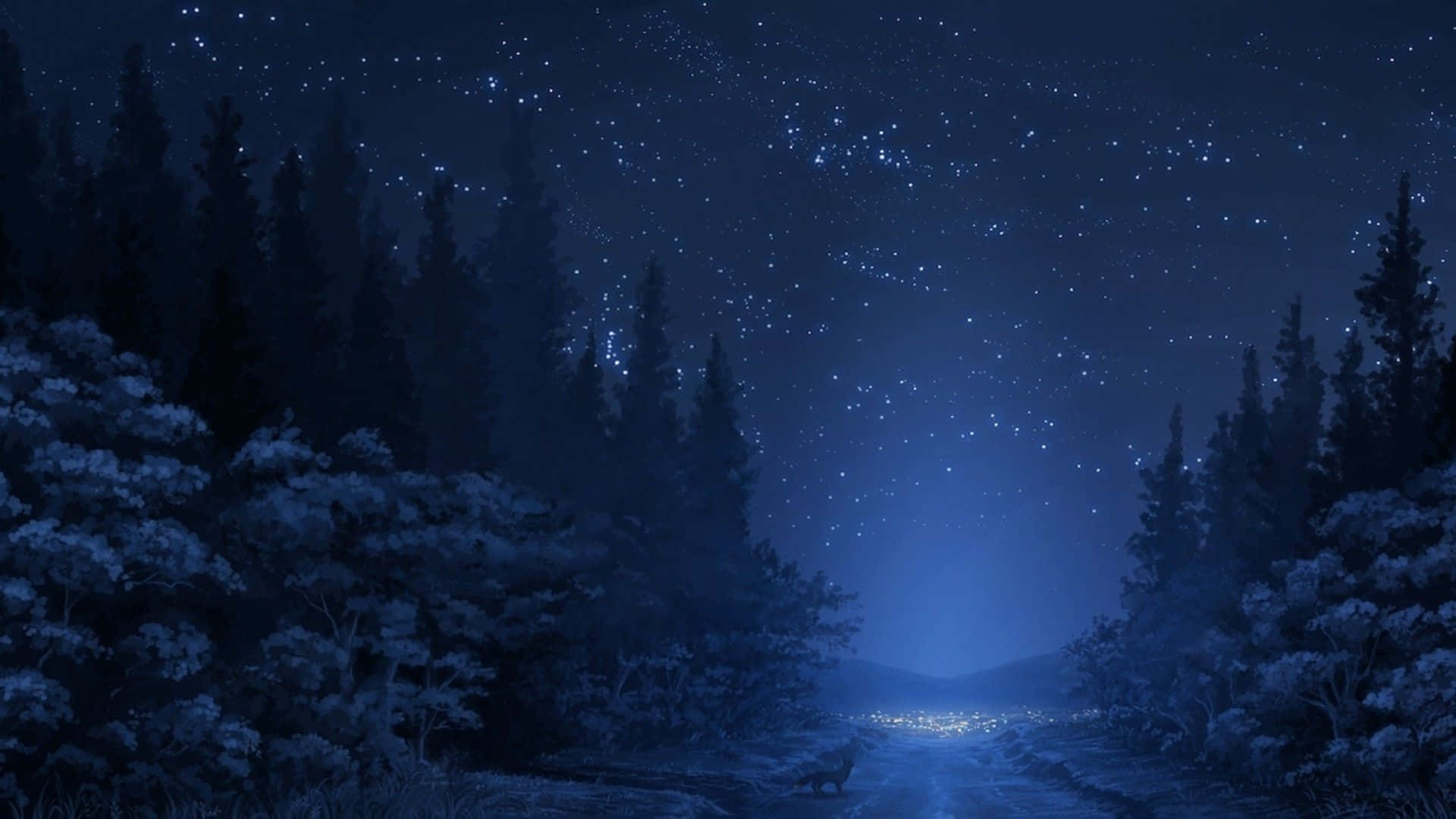 Anime Forest 桌布 壁紙 — 星空之夜在通往遠方發光村莊的雪森林小徑上閃耀。