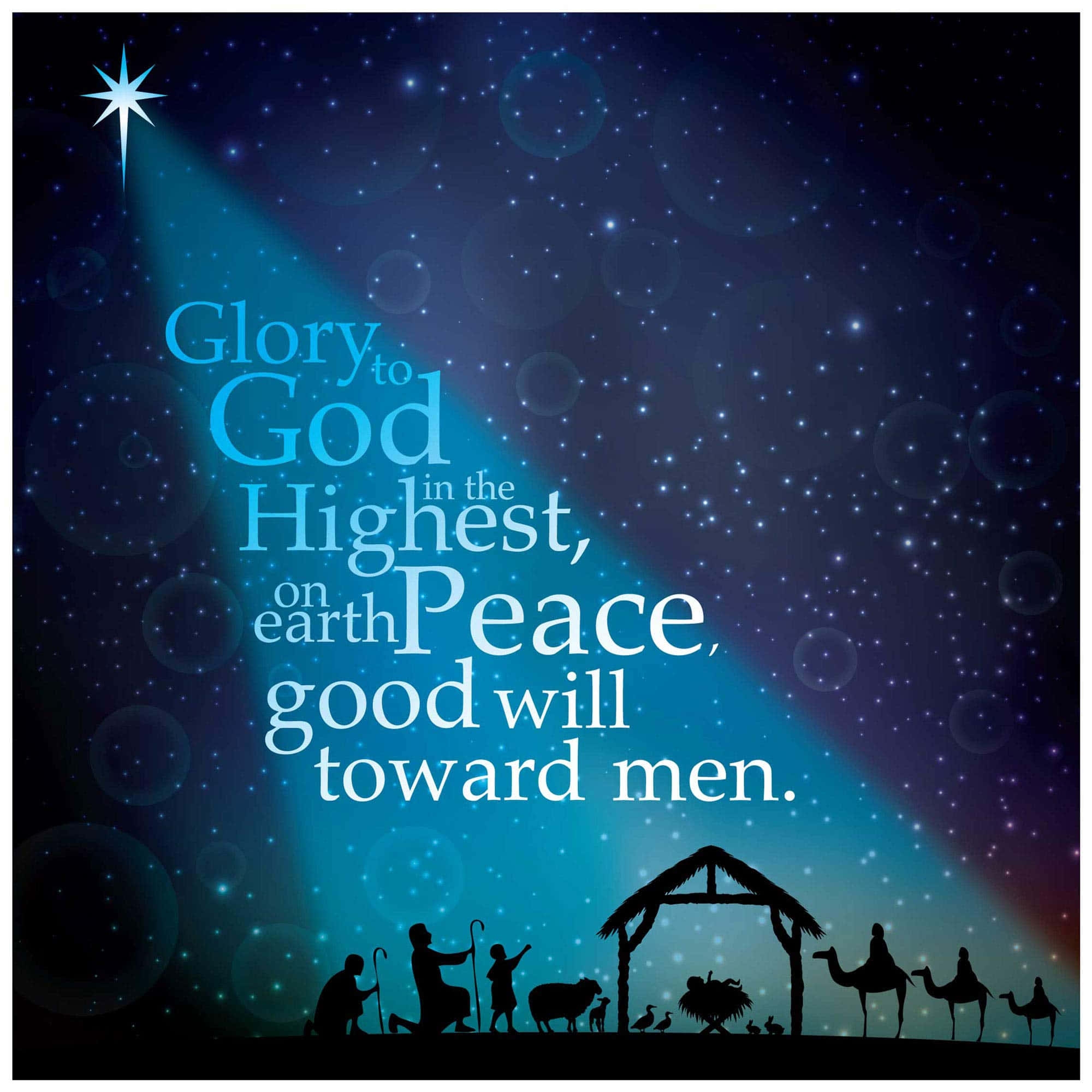 Religious Christmas 桌布 壁紙 — 星空之夜照耀著牧羊人和智者走近馬槽的剪影耶穌誕生場景。