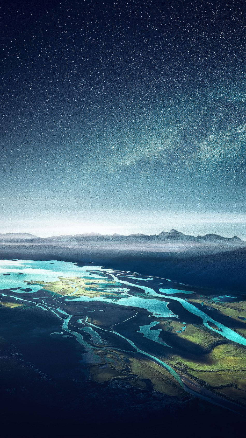 4K HD mobile 桌布 壁紙 — 星空夜空下，發光的綠松石河流蜿蜒穿過霧氣山谷的鳥瞰圖，銀河系可見。