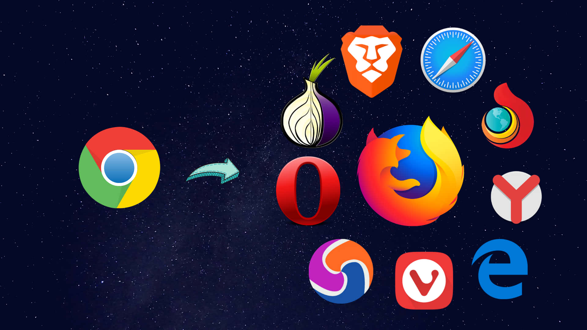 Chrome 桌布 壁紙 — 星空夜空背景，浮現色彩繽紛的瀏覽器標誌，包括 Chrome、Firefox、Opera 和 Edge。