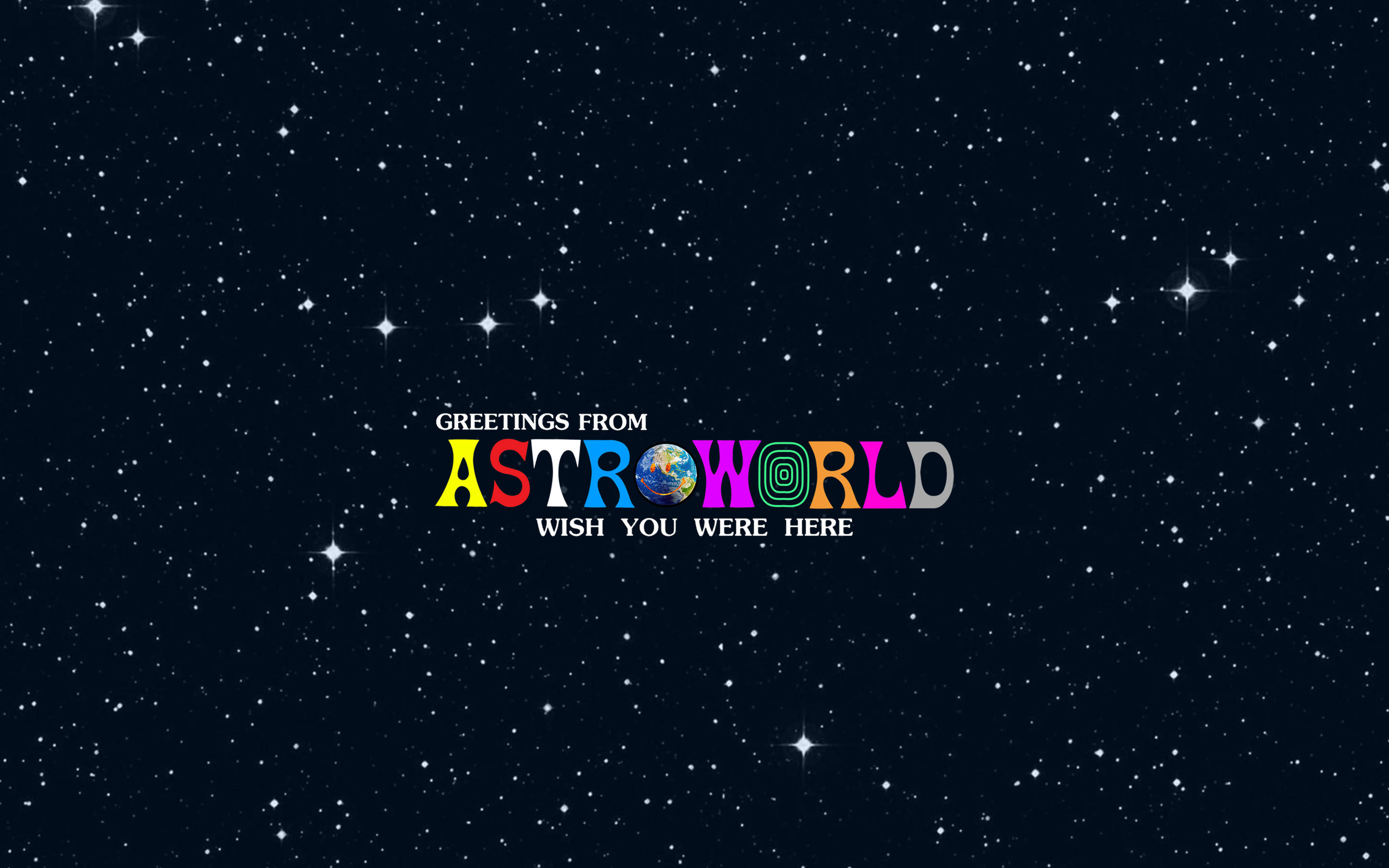 Astroworld 桌布 壁紙 — 星空夜空背景，色彩繽紛的AstroWorld標誌，地球和螺旋取代了字母。
