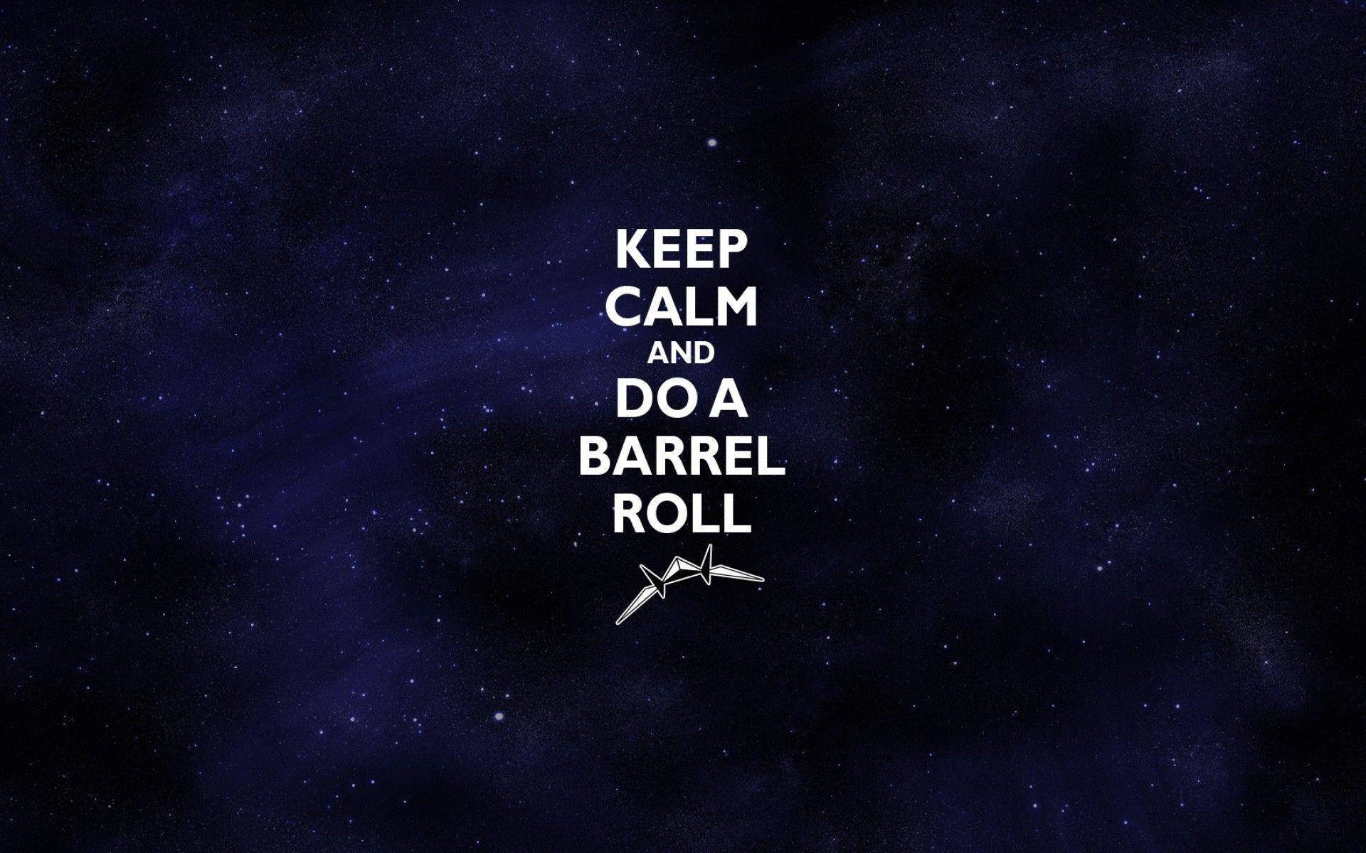 Star Fox 桌布 壁紙 — 星空夜空背景上，粗體白色文字寫著「KEEP CALM AND DO A BARREL ROLL」，下方有一個小型戰鬥機圖示。