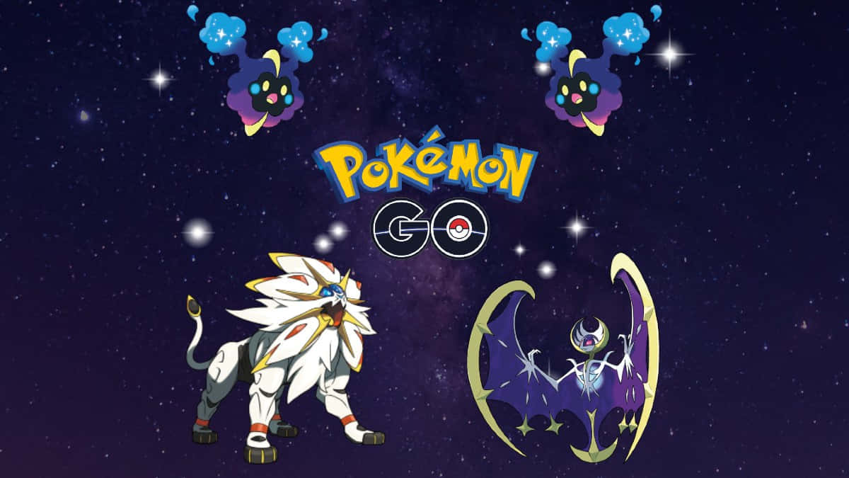 寶可夢 桌布 壁紙 — 星空背景 featuring Pokémon GO 標誌，三隻傳說中的寶可夢漂浮和站立在宇宙星辰中。