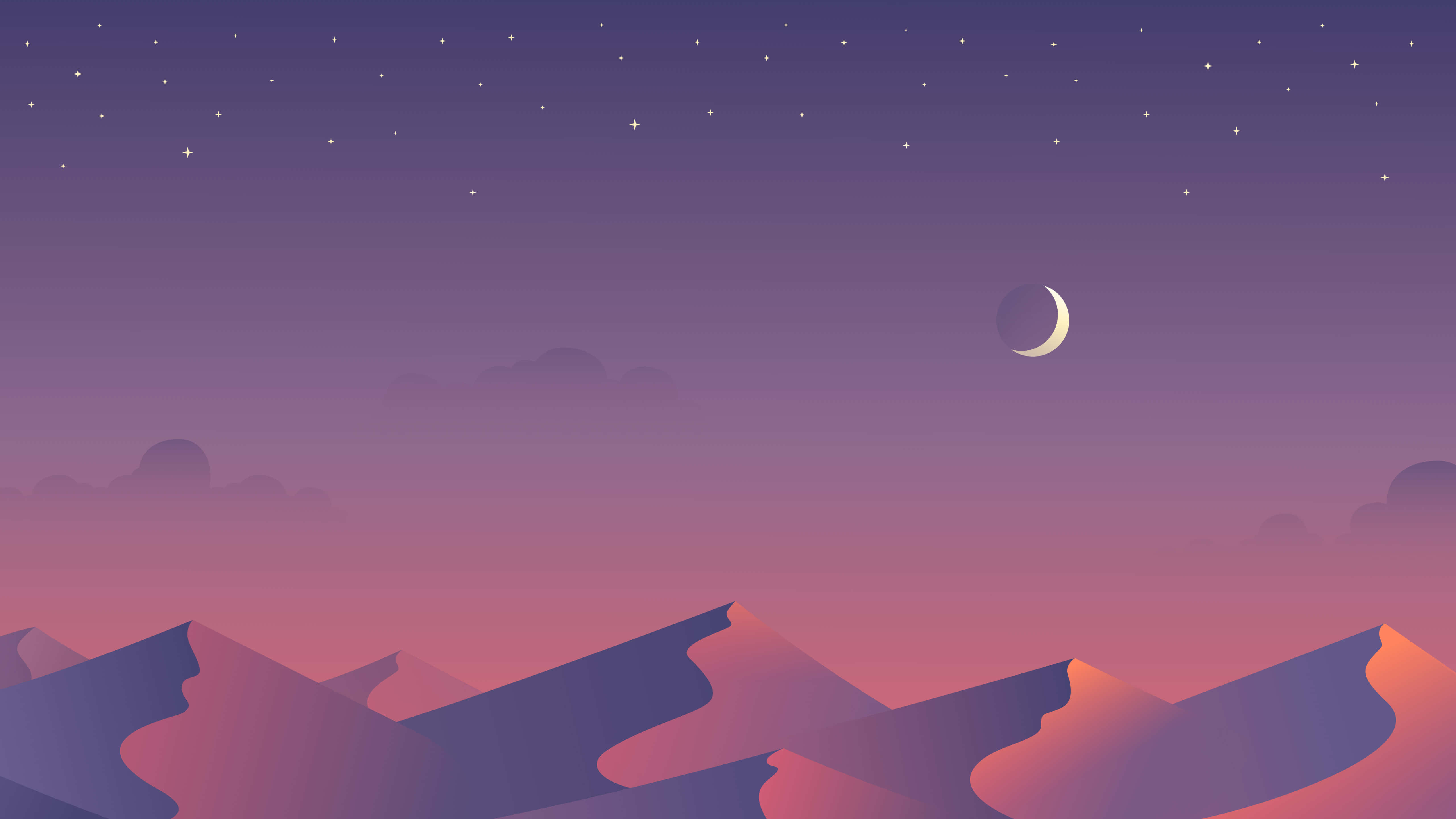 桌布 壁紙 — 星空與新月下紫色和粉紅色山脈的寧靜夜景。