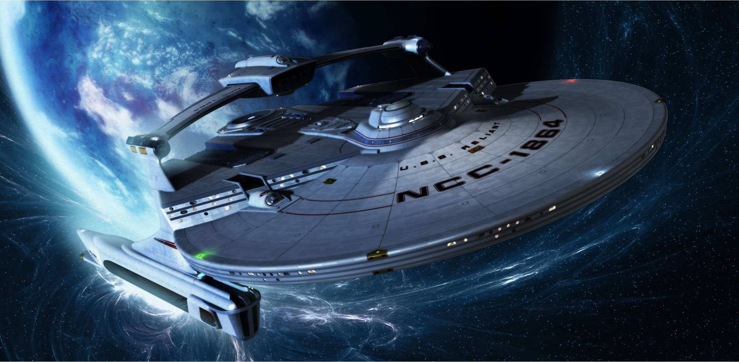 Starship 桌布 壁紙 — 星艦NCC-1784在太空滑翔，靠近一個帶有旋轉雲層的鮮豔藍色行星。