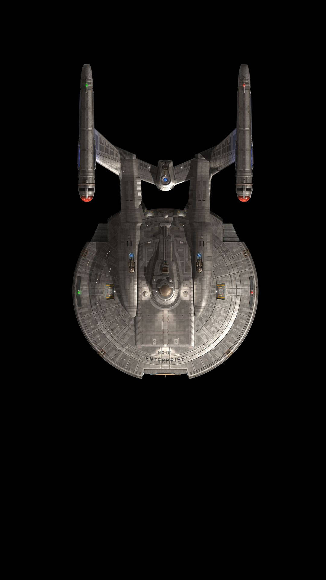 星際爭霸戰 iPhone 桌布 桌布 壁紙 — 星艦企業號NCC-1701在黑色虛空中的詳細俯視圖。