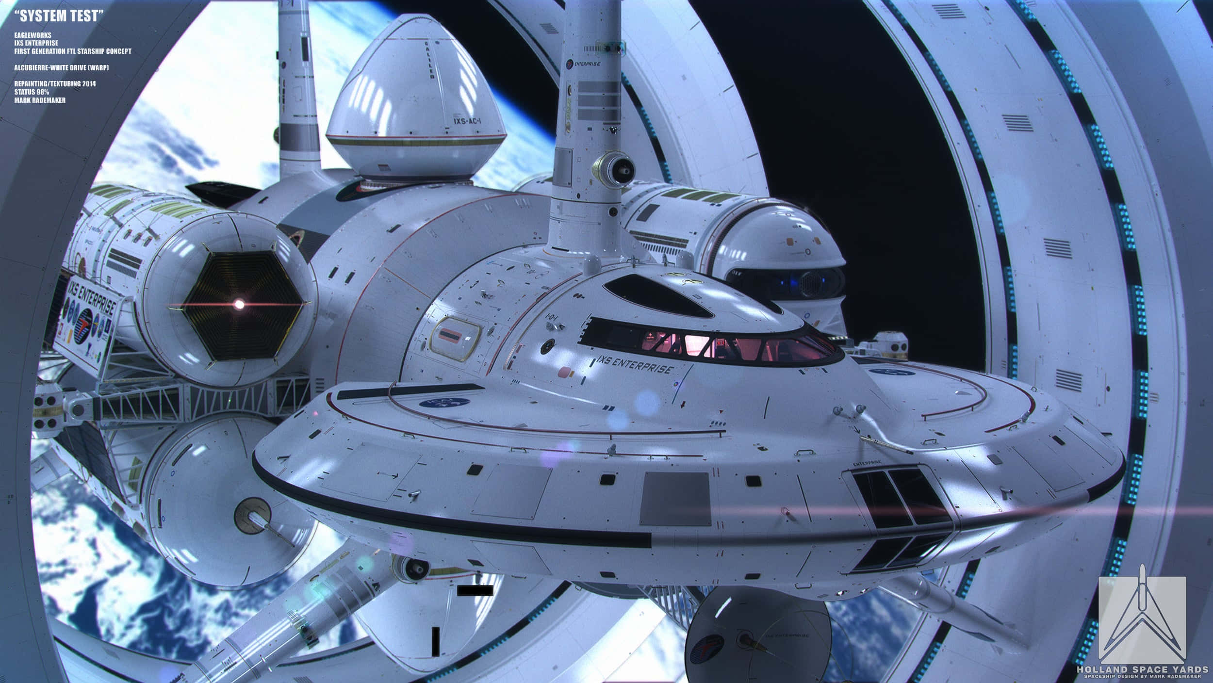 Spaceship 桌布 壁紙 — 星艦企業號停靠在一個未來主義的太空站，地球透過觀景窗可見。