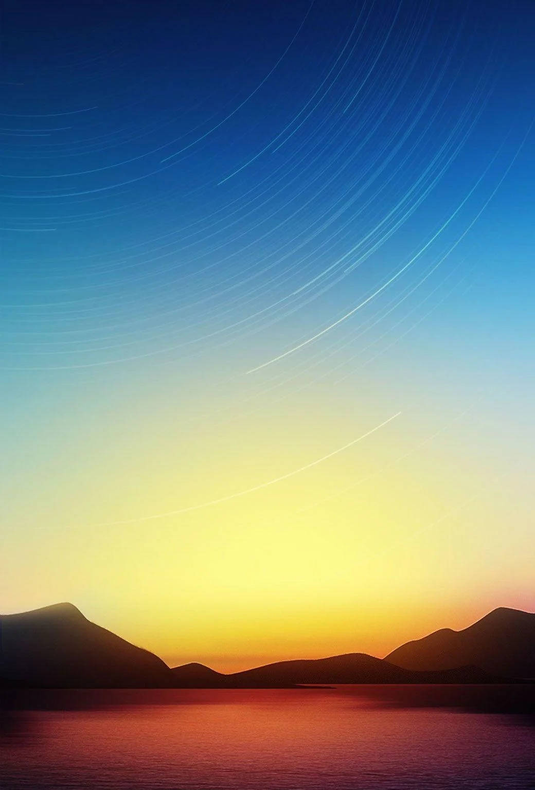 暮色中的山脈與水面上的星軌 — 日出 GIF 壁紙