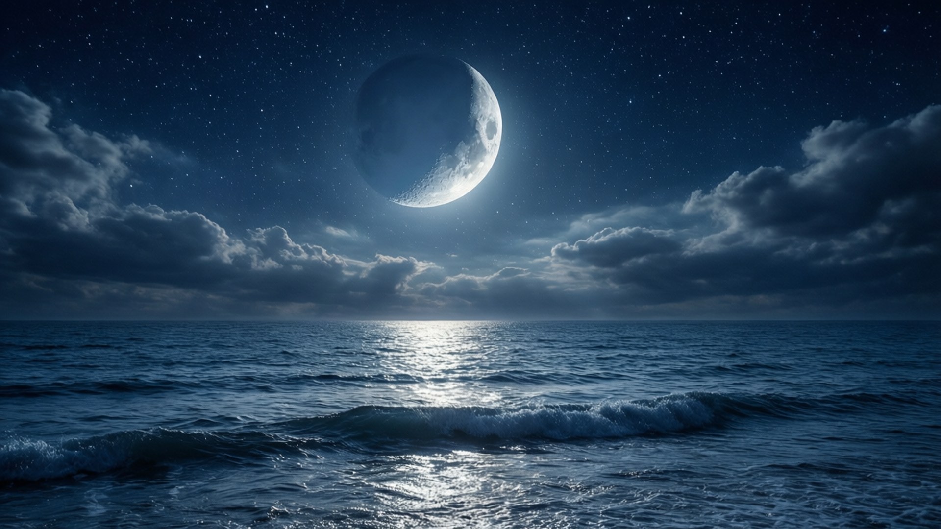 星辰之海 壁紙 — 寧靜的海洋，閃爍的彎月下，星空和飄動的雲彩倒映在水面上。