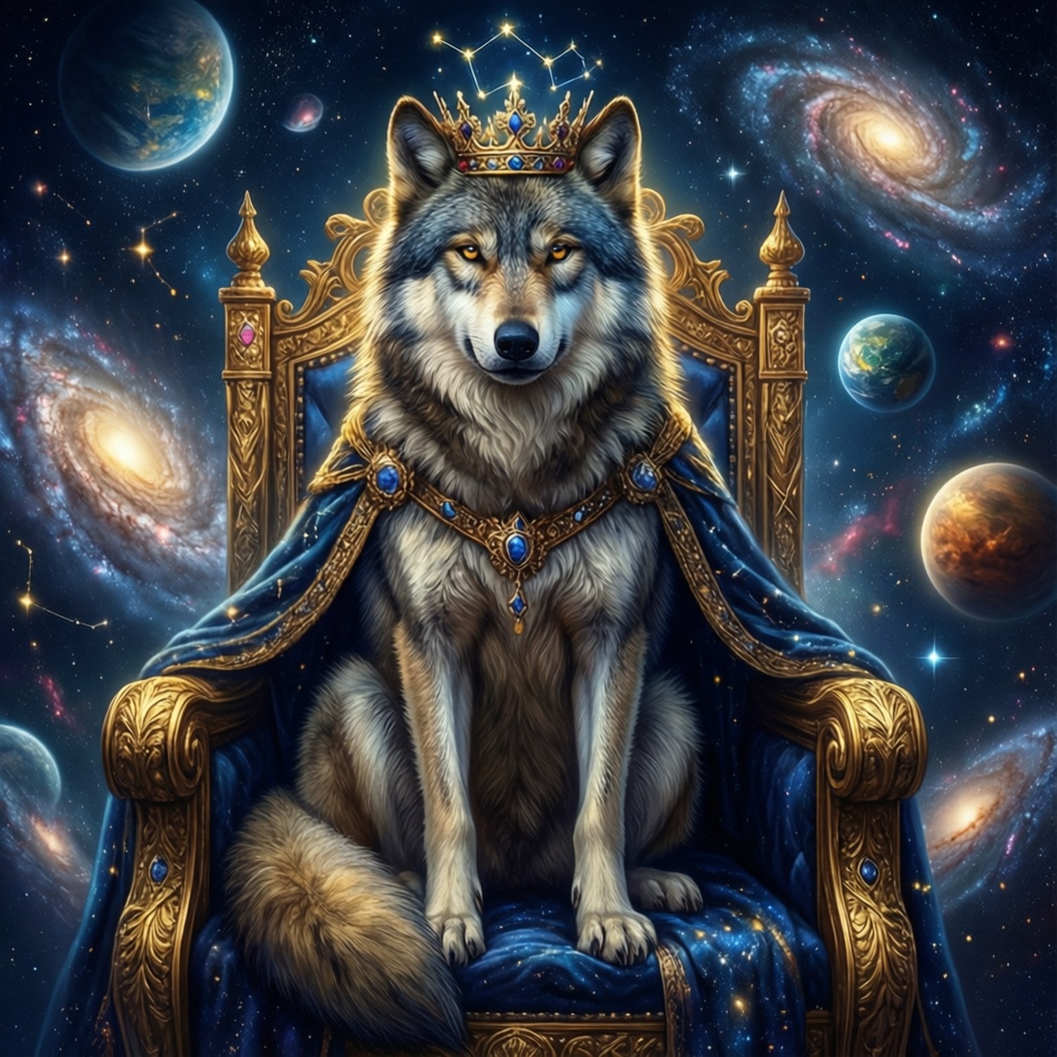 一隻威嚴的銀河之狼端坐於星辰王座上，頭戴星座之冠。
