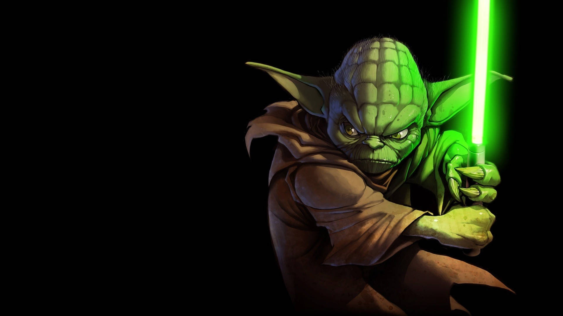 Yoda 桌布 壁紙 — 《星際大戰》中的尤達手持發光的綠色光劍，表情兇猛，背景為黑色。