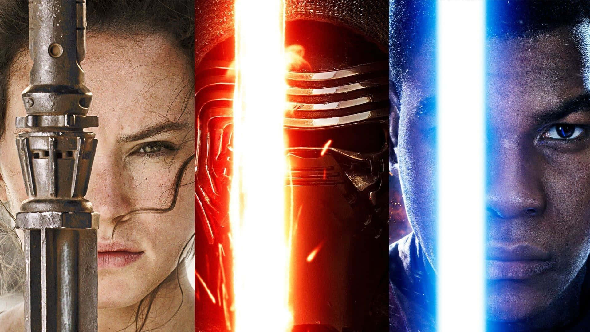 Rey Star Wars 桌布 壁紙 — 《星際大戰》中芮、凱羅·忍和芬恩的特寫肖像，被發光的紅色和藍色光劍分隔開。