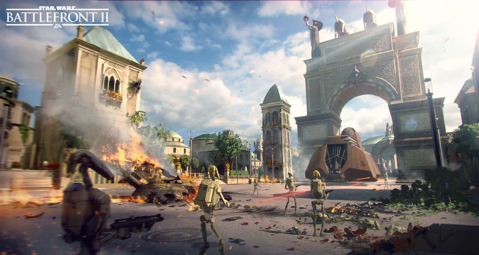 Naboo 桌布 壁紙 — 《星際大戰：前線II》中的戰場場景，機器人在明亮的天空下於燃燒的碎片和毀壞的古典建築中戰鬥。