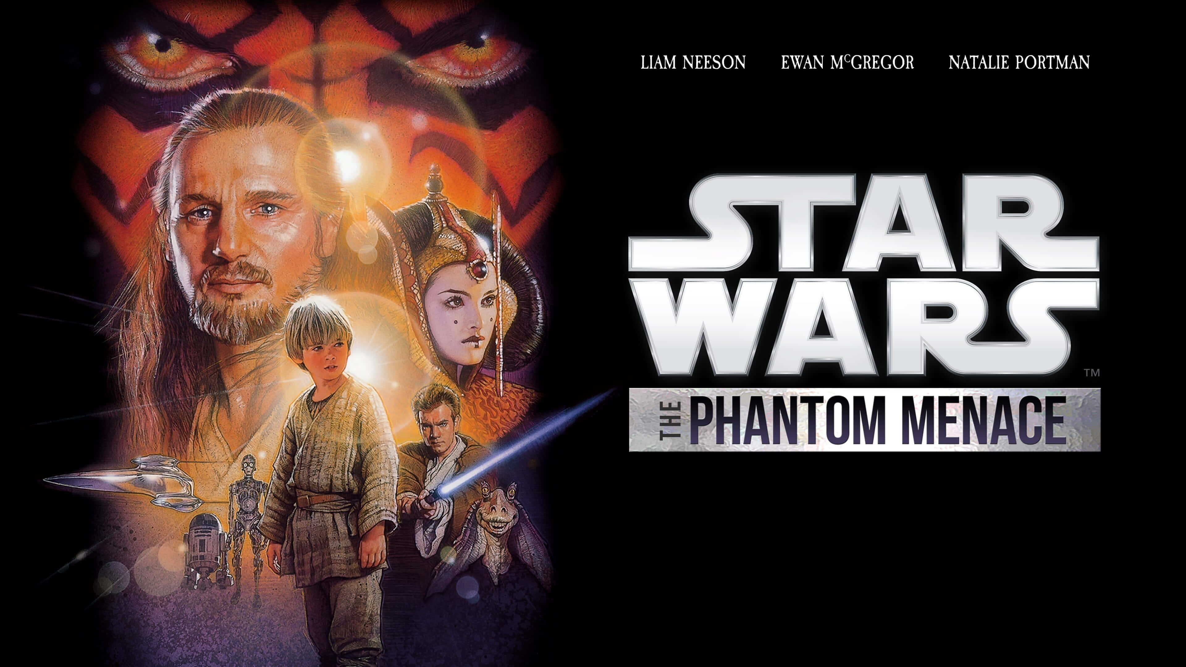 The Phantom Menace 桌布 壁紙 — 《星際大戰：威脅潛伏》電影海報，主要角色在熾熱背景中，眼睛發光。