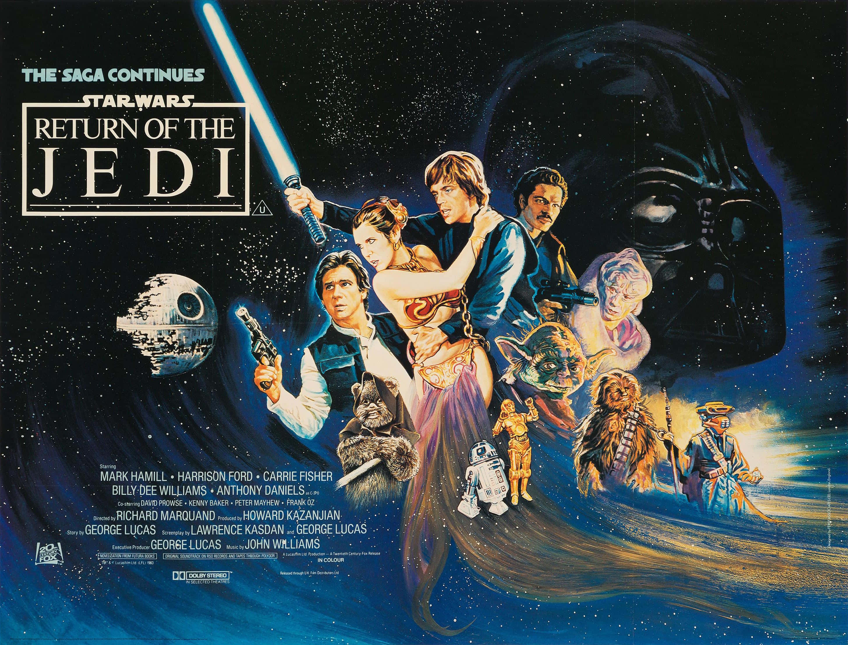 Return Of The Jedi 桌布 壁紙 — 《星際大戰：絕地大反攻》海報，展示Luke在太空中揮舞藍色光劍對抗Darth Vader的巨大頭盔。
