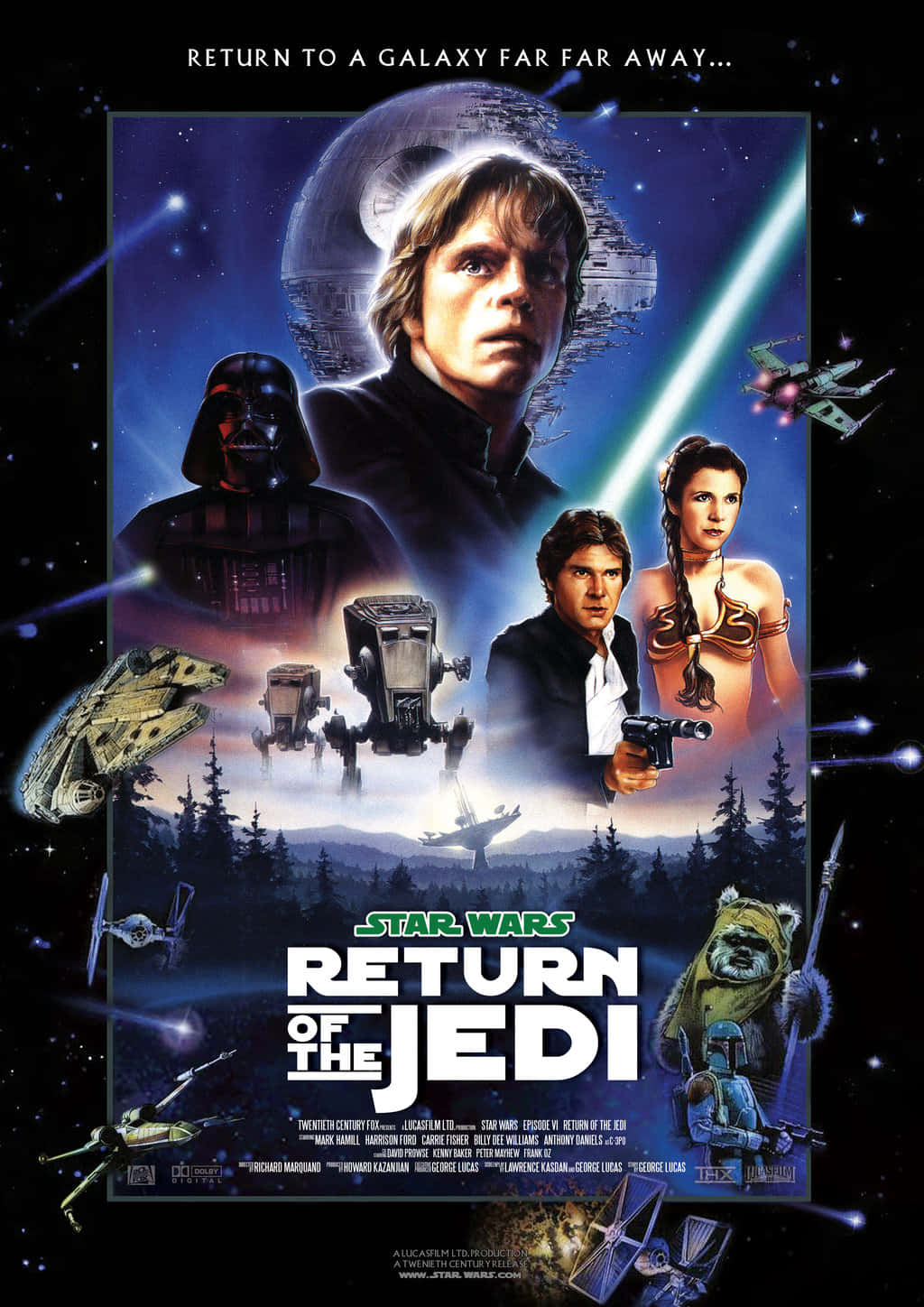 Return Of The Jedi 桌布 壁紙 — 星際大戰：絕地大反攻海報，展示路克、莉亞、韓蘇洛和黑武士，背景是星空、太空船和死星。