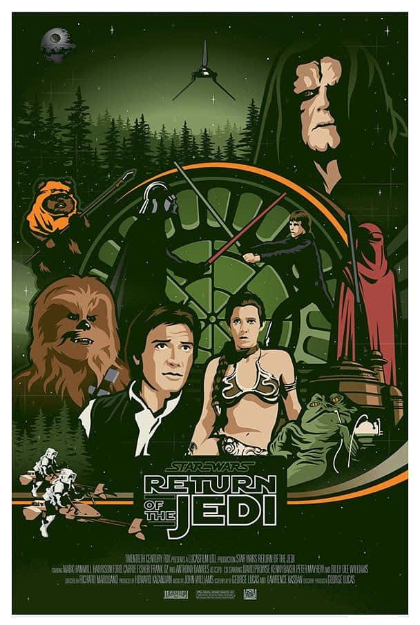 Return Of The Jedi 桌布 壁紙 — 星際大戰：絕地大反攻的風格化海報，以星夜森林為背景，包含死星和X翼戰機，並有標誌性角色。
