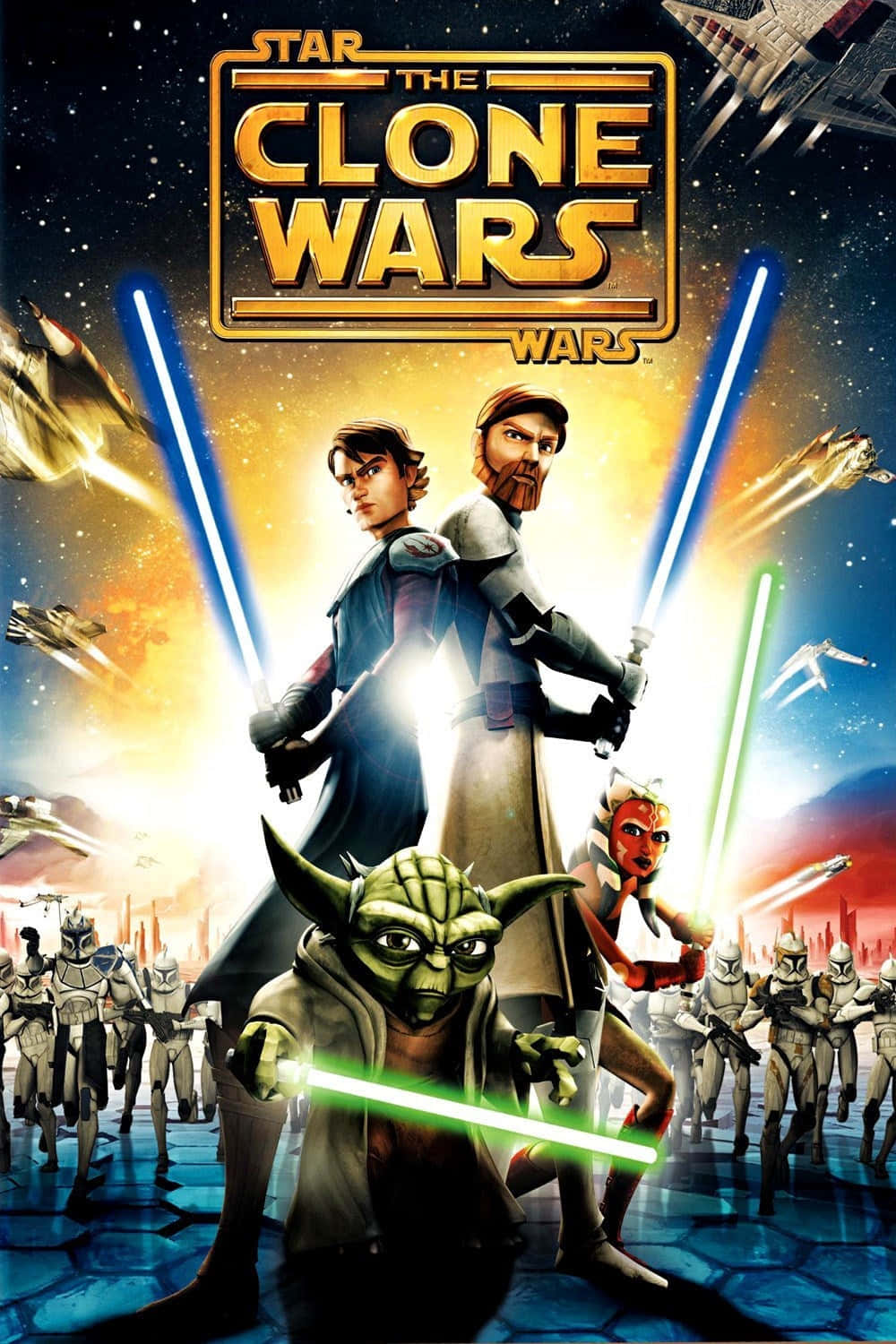The Clone Army 桌布 壁紙 — 《星際大戰：複製人之戰》海報，尤達、安納金和歐比王揮舞光劍，背景是星艦和複製人士兵。