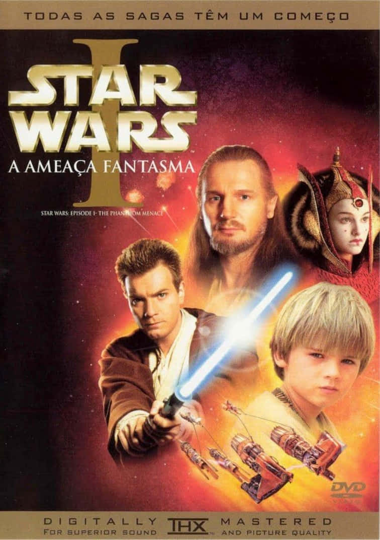 The Phantom Menace 桌布 壁紙 — 《星際大戰：首部曲》海報，展示一名絕地武士手持藍色光劍，背景是熾熱的宇宙，並有角色和星艦。