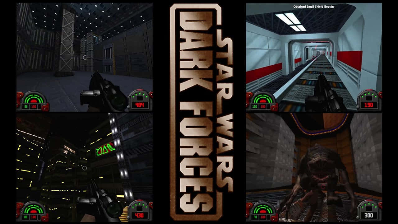 Dark Forces 桌布 壁紙 — 《星際大戰：黑暗力量》的第一人稱射擊遊戲畫面，展示科幻走廊和一個怪誕的外星生物。