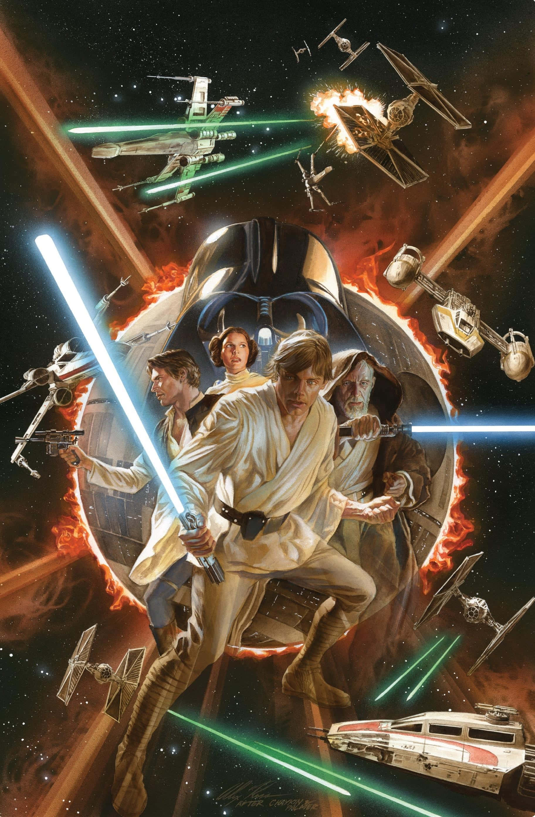 A New Hope 桌布 壁紙 — 星際大戰反抗軍與黑武士在熾熱的太空戰中交鋒，雷射光束和星際戰鬥機四射。