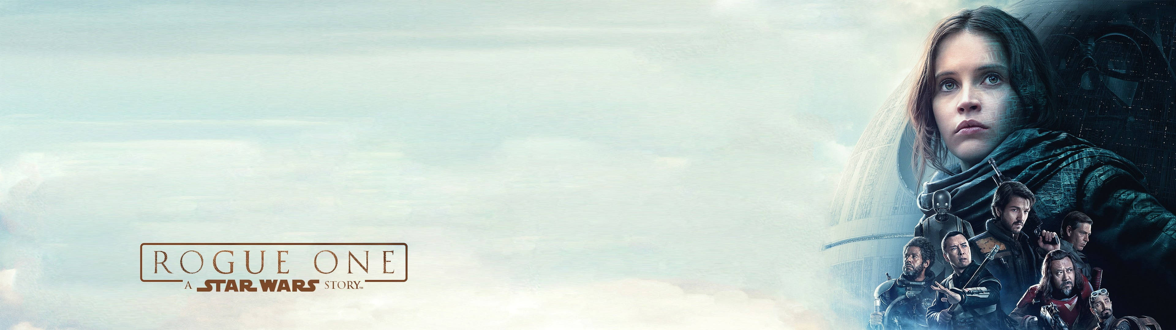Screen 桌布 壁紙 — 《星際大戰外傳：俠盜一號》的電影風格橫幅，角色以多雲天空為背景，並帶有標題標誌。
