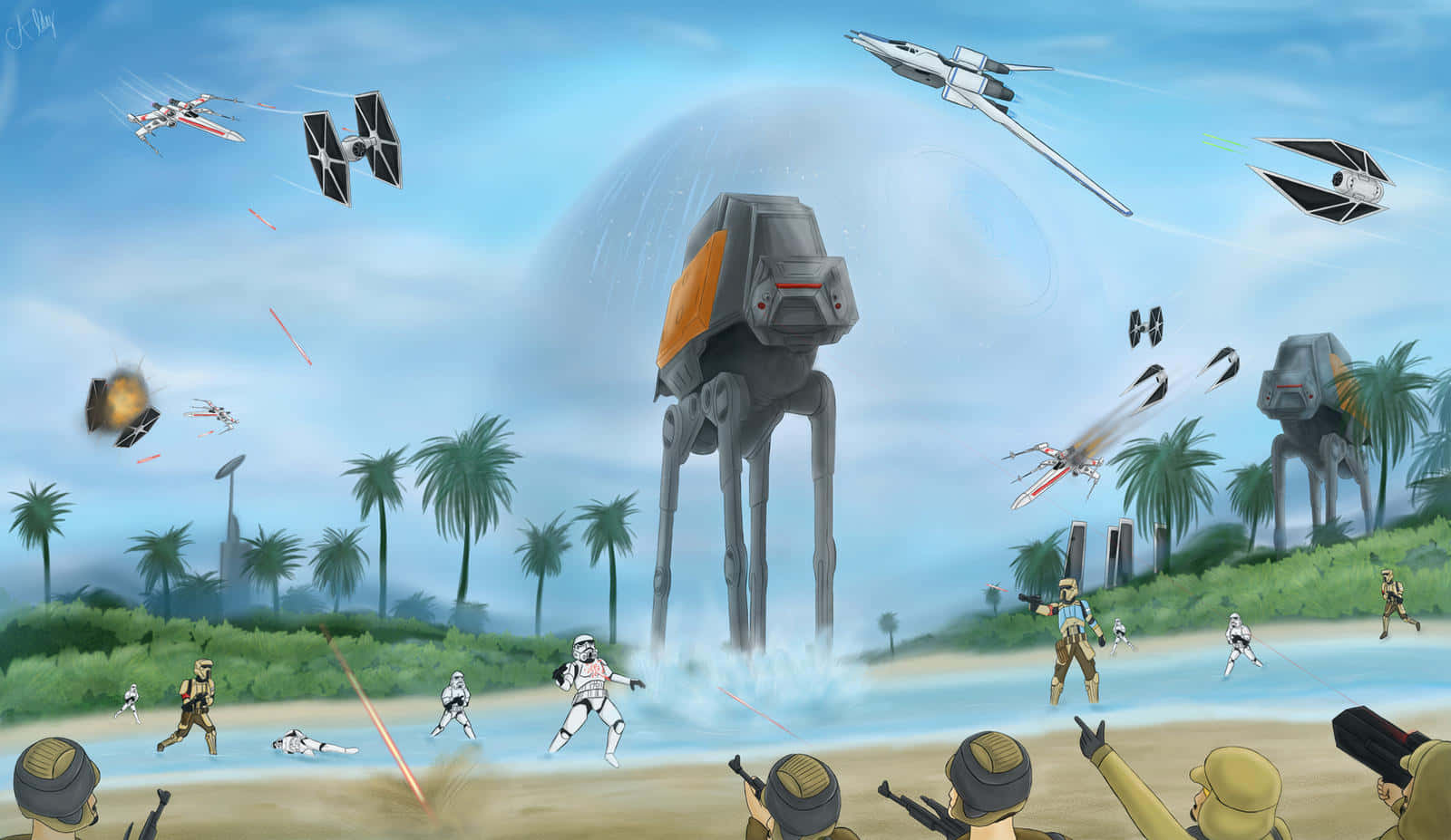 The Battle Of Scarif 桌布 壁紙 — 星際大戰戰鬥場景，AT-AT步行機和星際戰鬥機在棕櫚樹的熱帶海灘上空戰鬥。