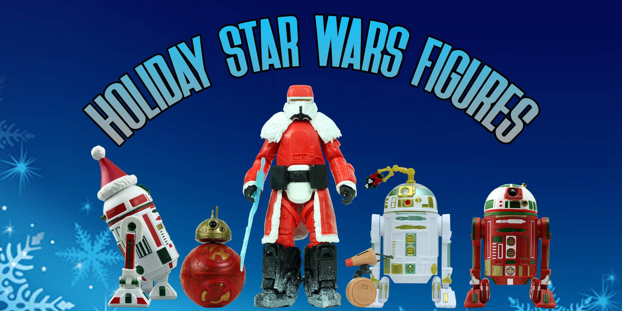 Star Wars Christmas 桌布 壁紙 — 星際大戰機器人和雪地士兵人偶穿著節日服裝，以雪藍色背景為襯托。