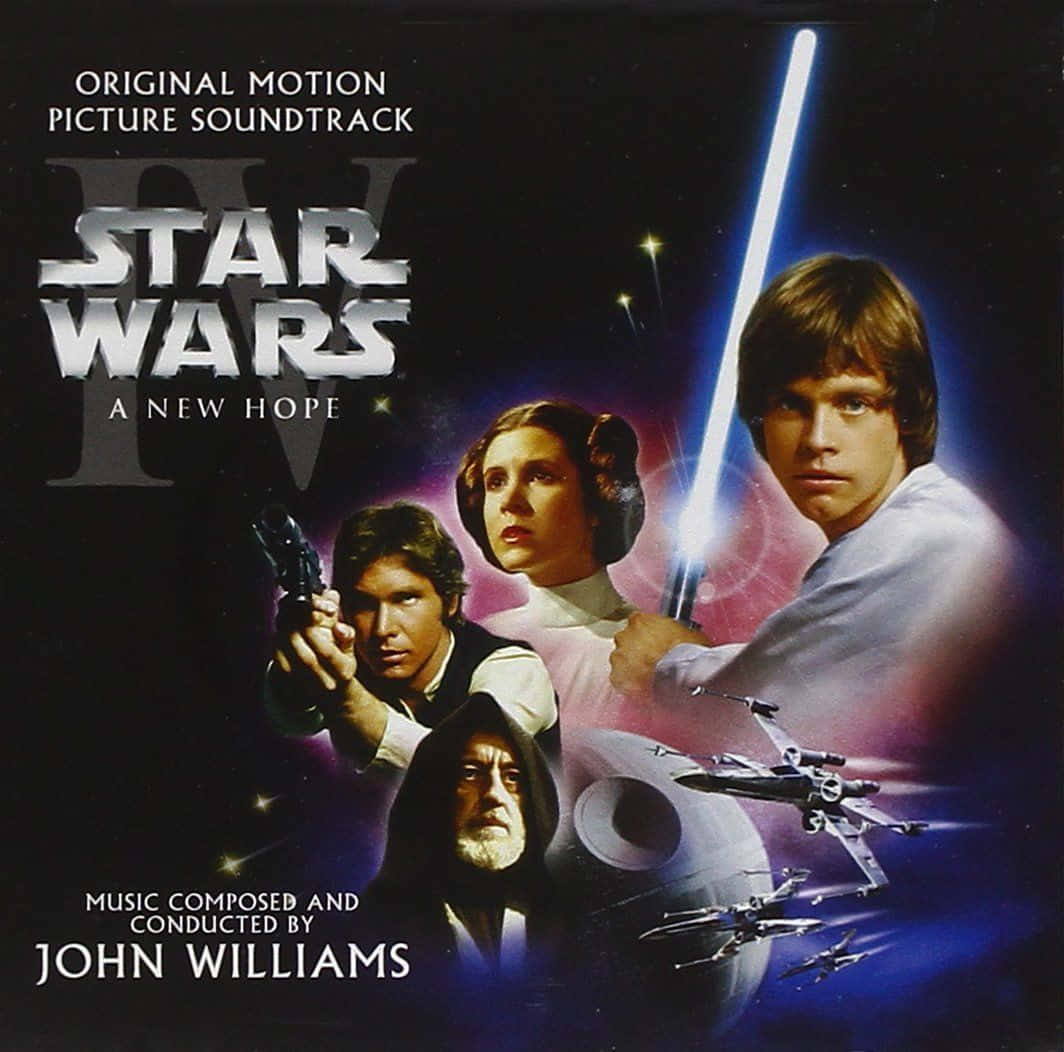 A New Hope 桌布 壁紙 — 星際大戰海報， featuring Luke Skywalker 手持藍色光劍，Princess Leia，Han Solo 和 Obi-Wan Kenobi，背景是星空宇宙，有 X-Wings 和 Death Star。