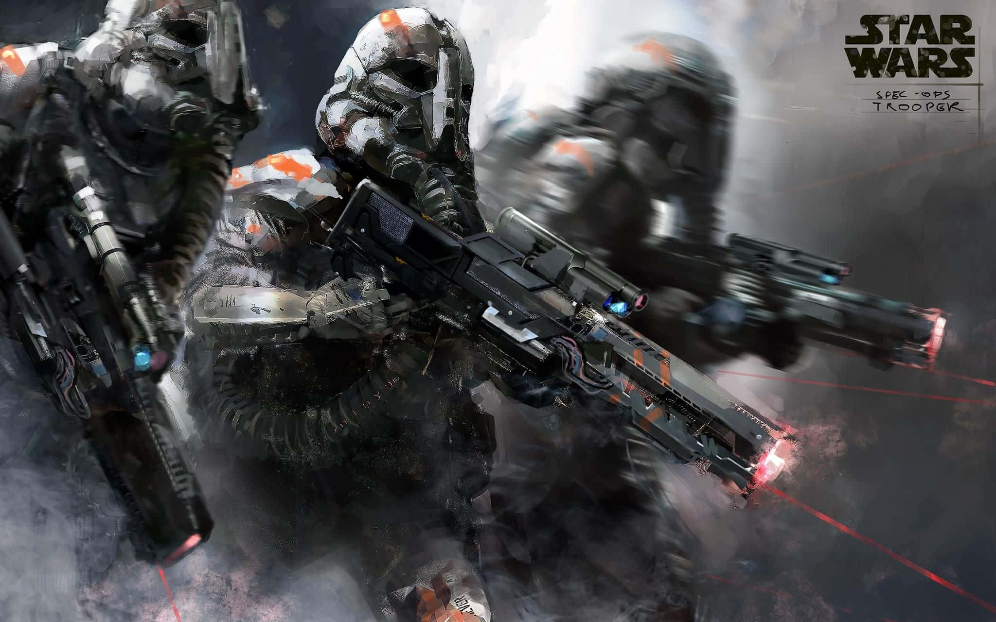 Republic Commando 桌布 壁紙 — 星際大戰特種部隊身穿重型裝甲，在煙霧和碎片中發射爆能槍，呈現混亂的戰鬥場景。