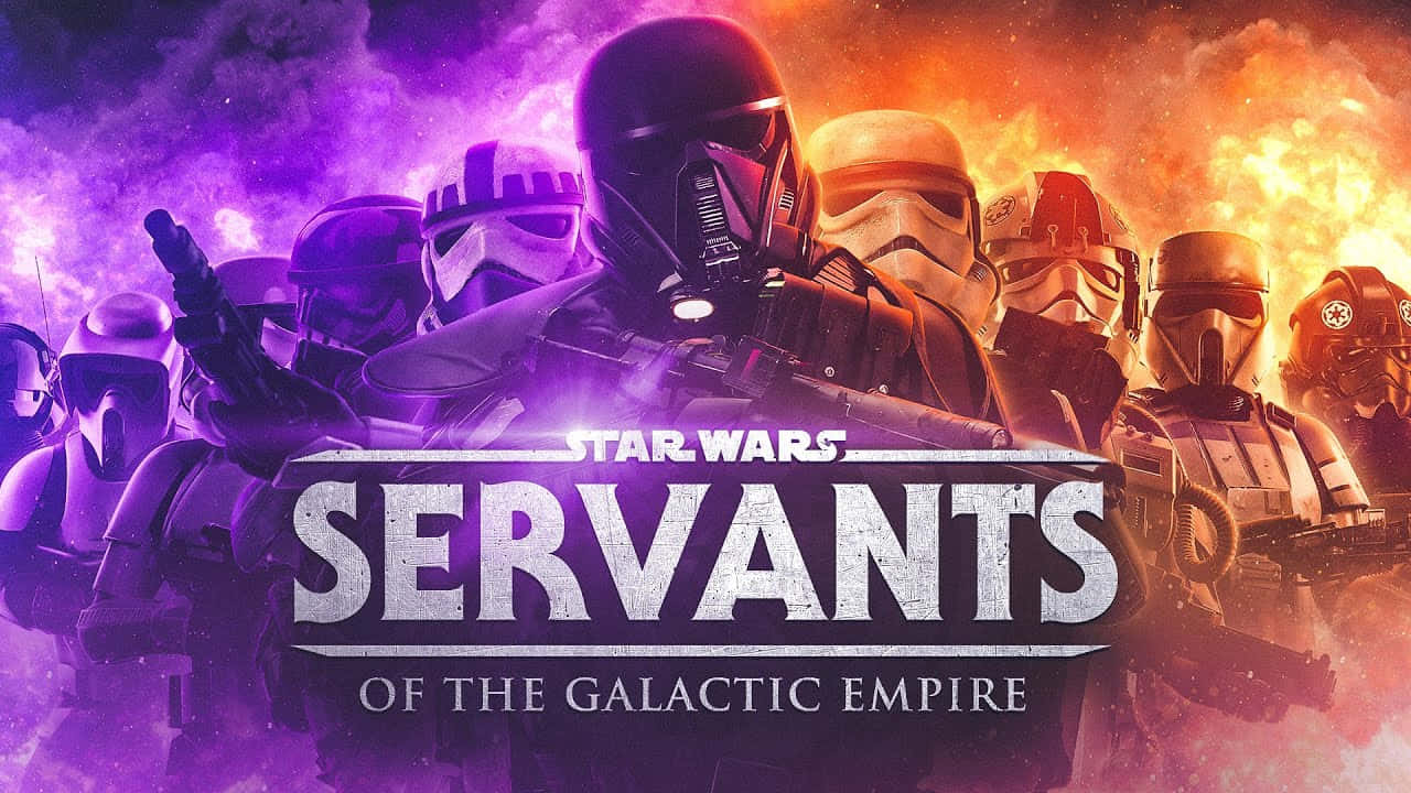 Galactic Empire 桌布 壁紙 — 星際大戰的風暴兵和帝國士兵站在火熱的紫色和橙色戰鬥場景中，帶有粗體標題文字。
