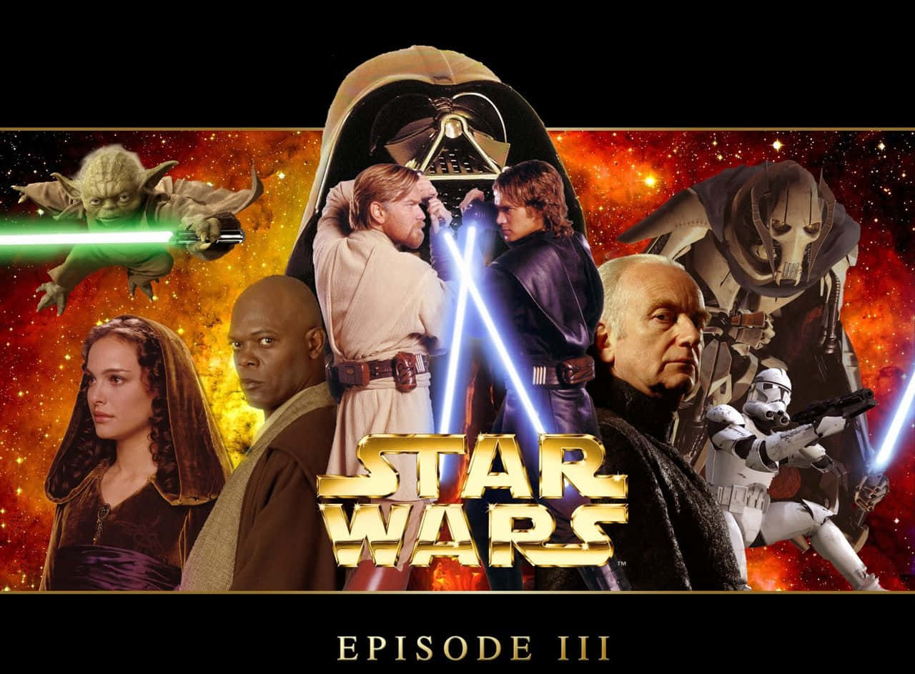 Star Wars Characters 桌布 壁紙 — 星際大戰第三部曲海報， featuring 達斯維達、尤達、安納金、歐比王、佩咪、魅使雲度和複製人士兵，背景是熾熱的星域。